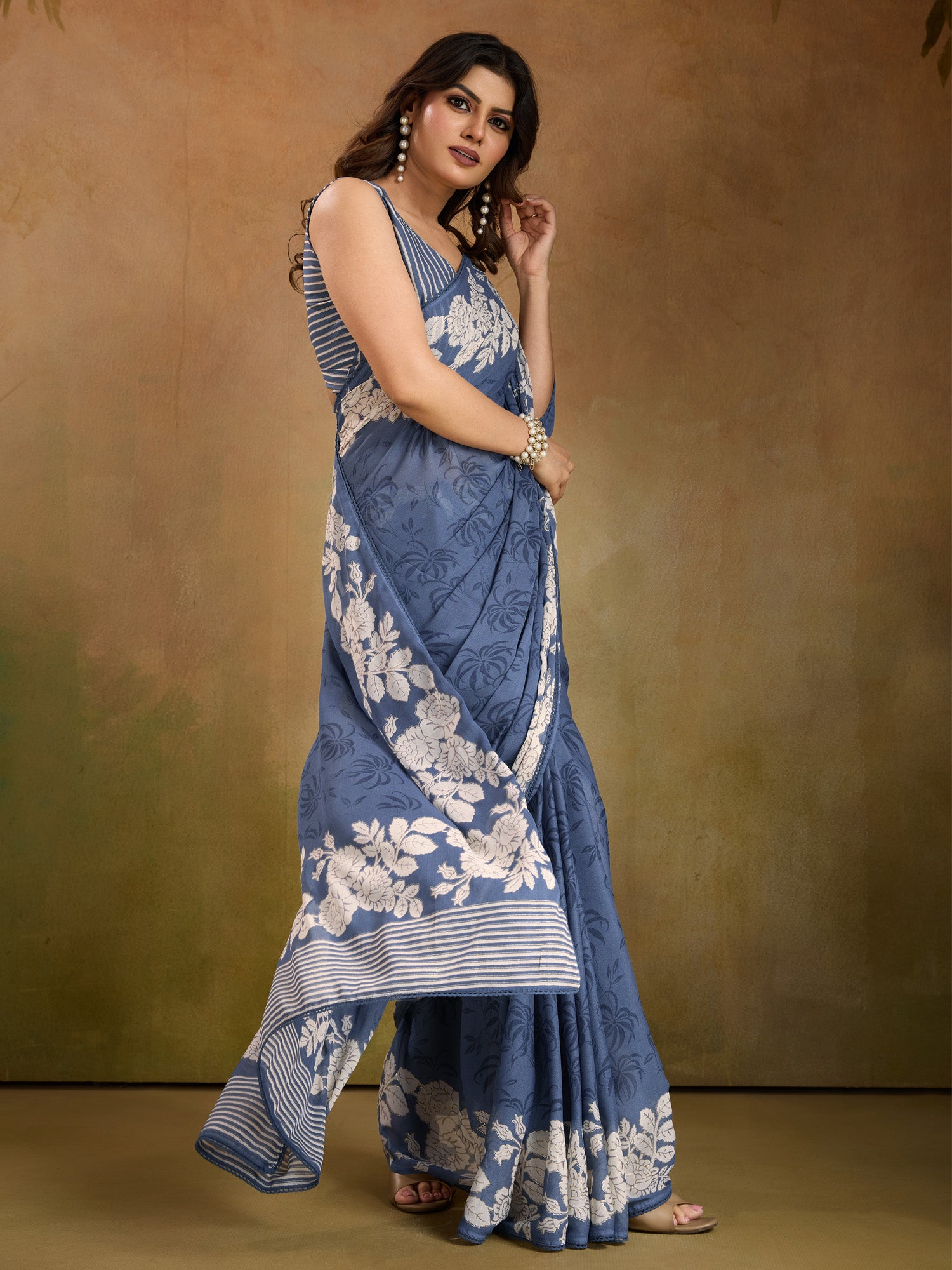 Women's Georgette Light Blue Printed Designer Saree With Blouse Piece