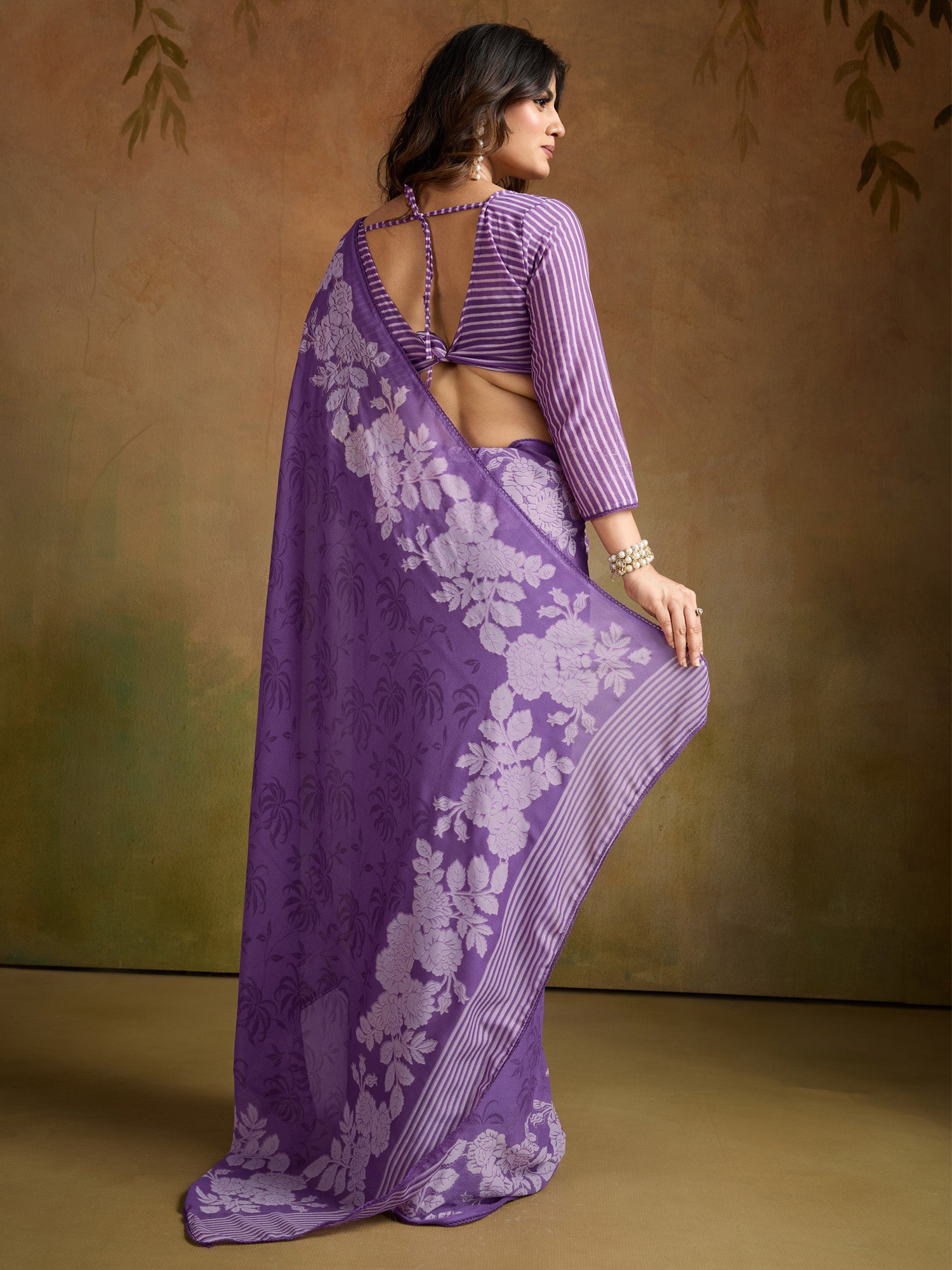 Women's Georgette Purple Printed Designer Saree With Blouse Piece