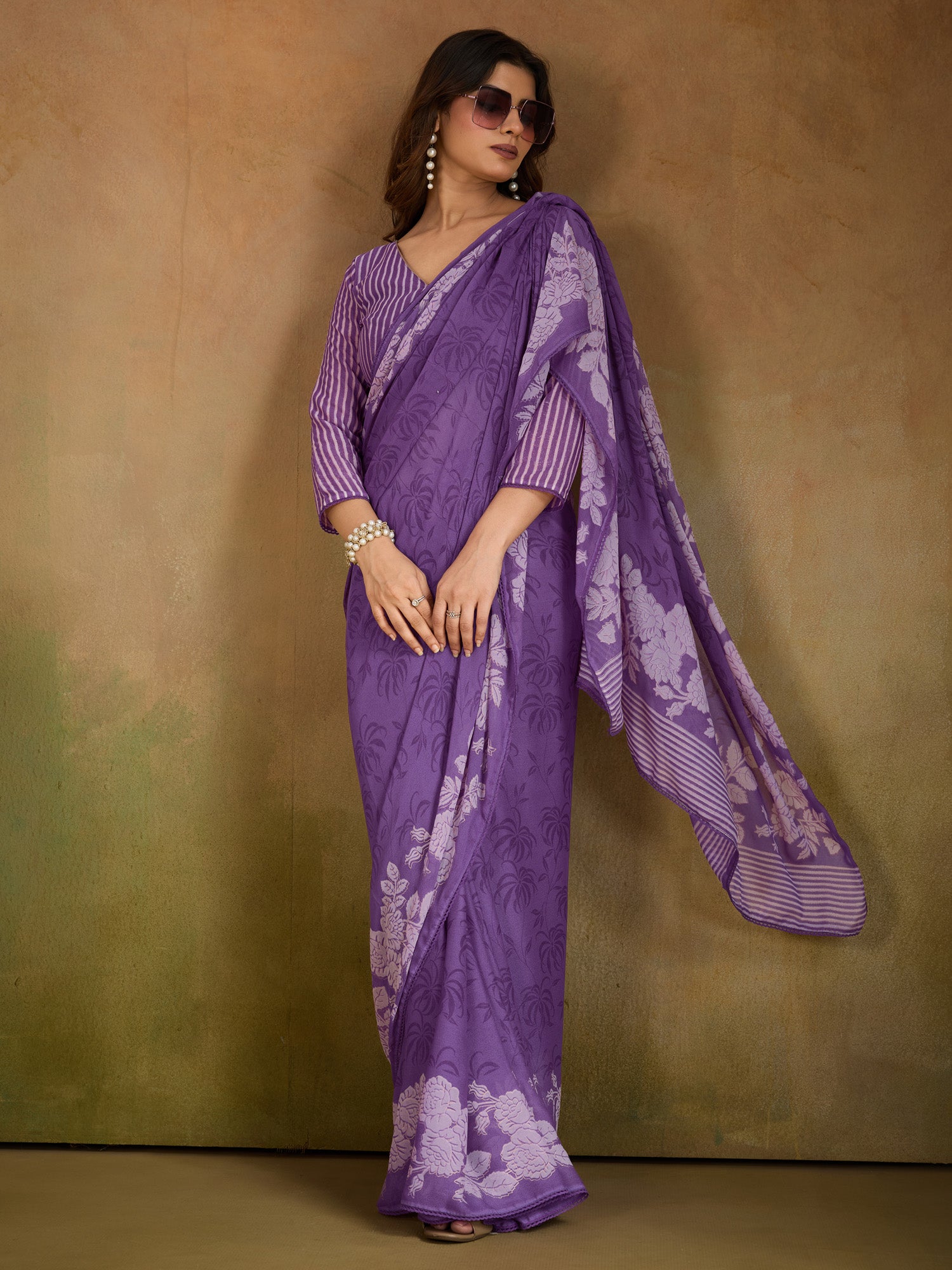 Women's Georgette Purple Printed Designer Saree With Blouse Piece