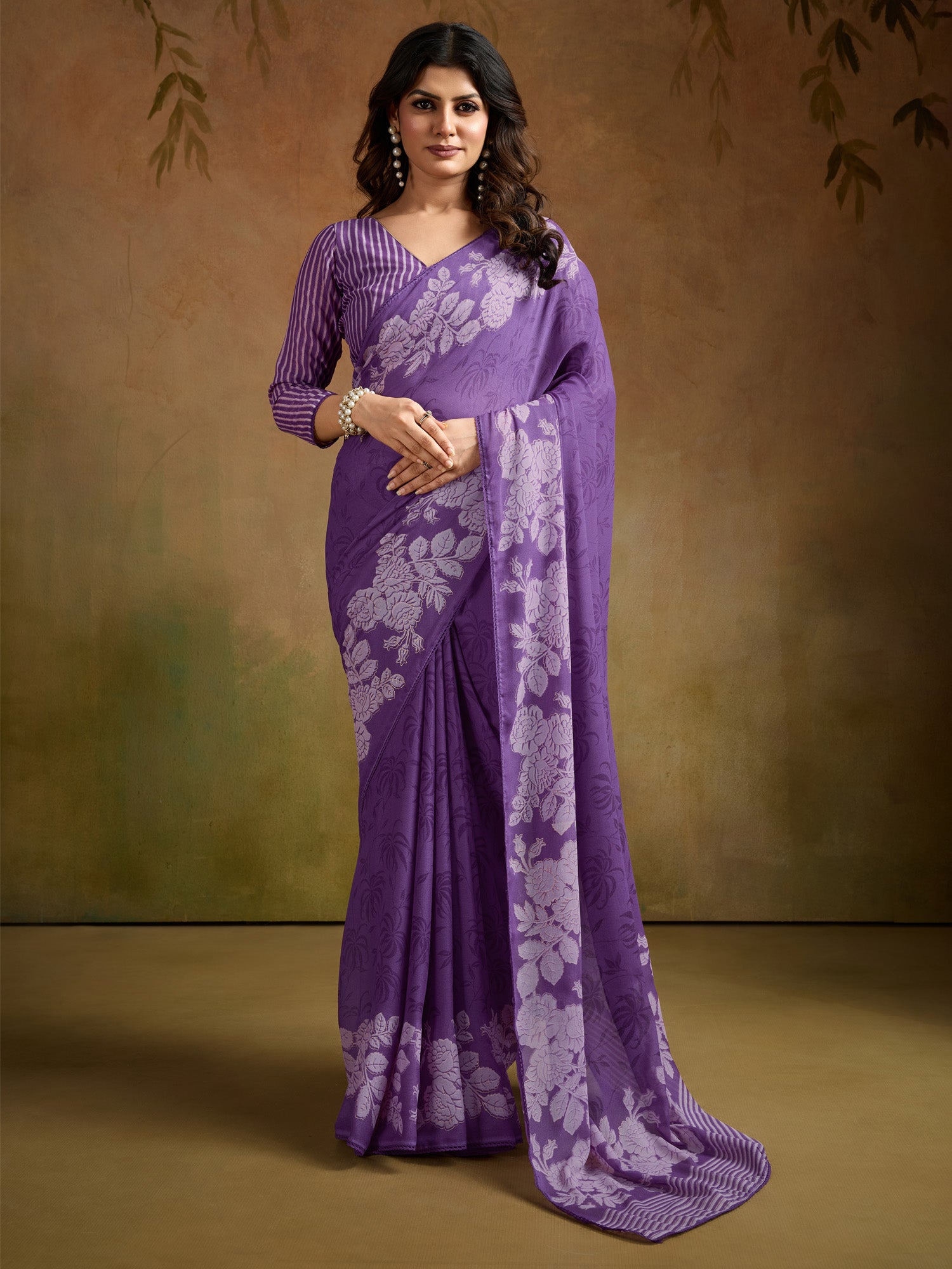 Women's Georgette Purple Printed Designer Saree With Blouse Piece