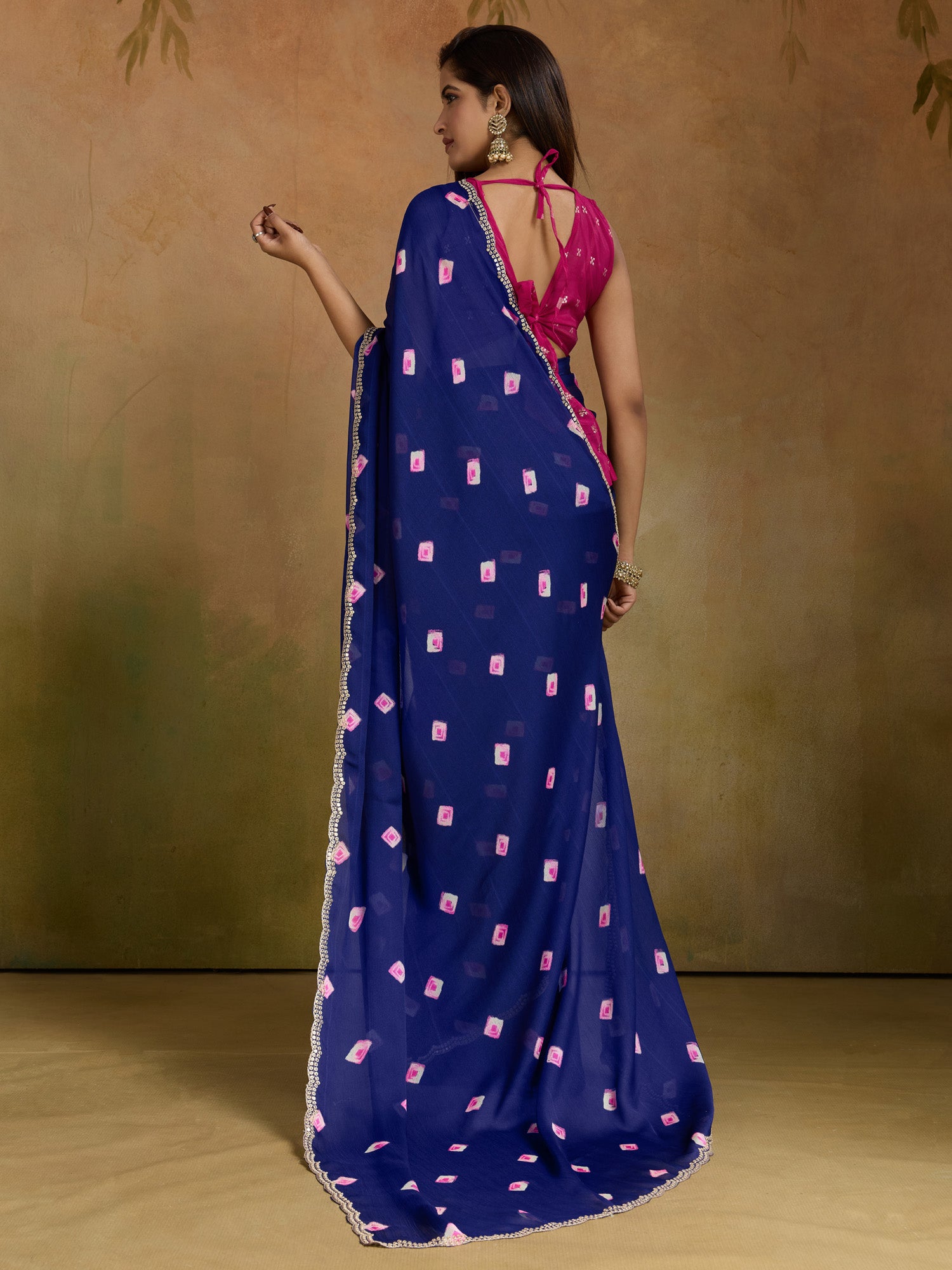 Women's Chiffon Blue Printed Designer Saree With Blouse Piece