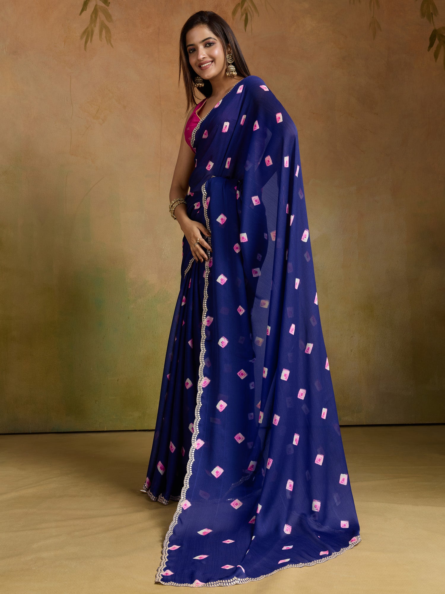 Women's Chiffon Blue Printed Designer Saree With Blouse Piece