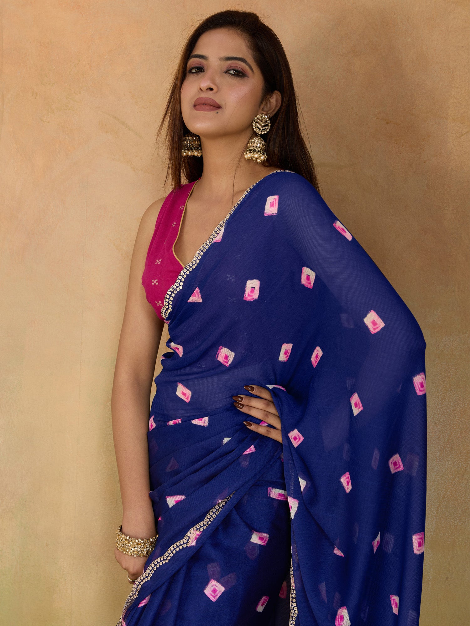 Women's Chiffon Blue Printed Designer Saree With Blouse Piece
