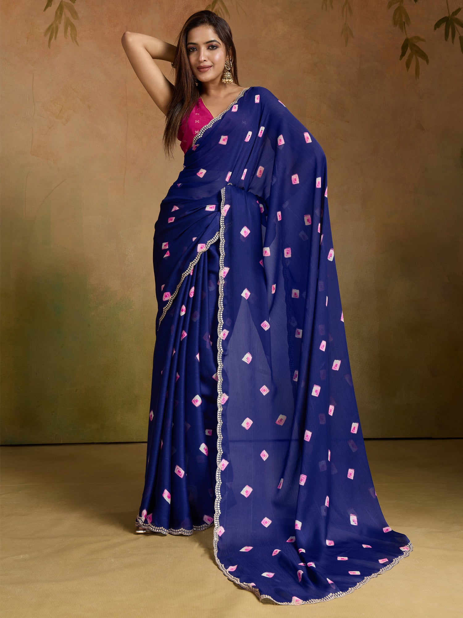 Women's Chiffon Blue Printed Designer Saree With Blouse Piece