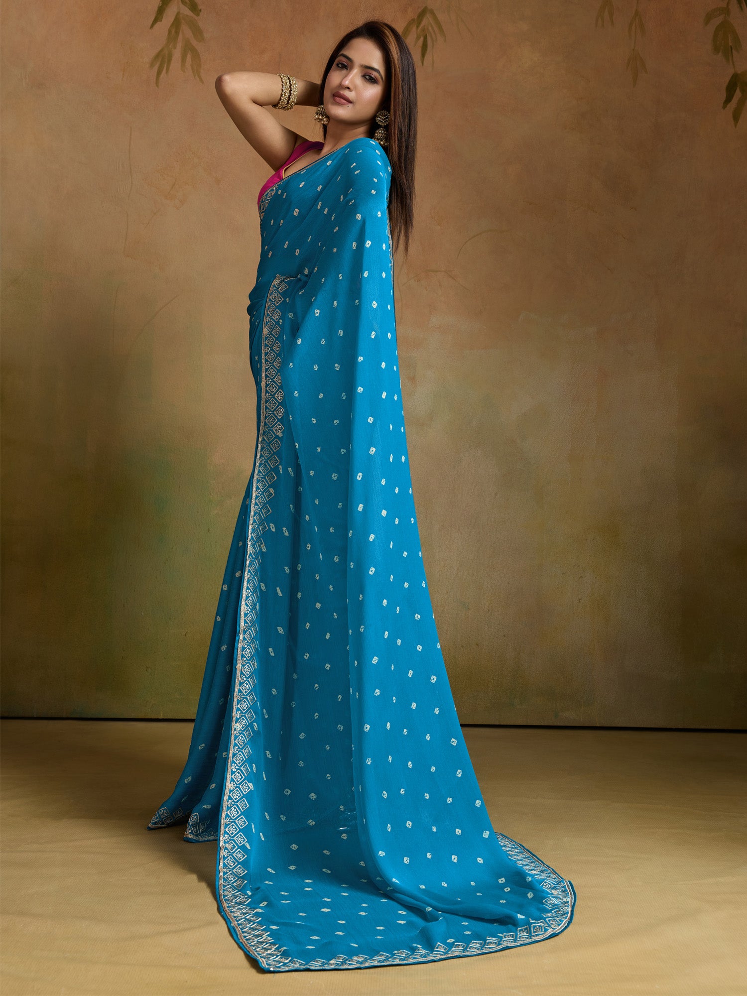Women's Chiffon Light Blue Printed Designer Saree With Blouse Piece