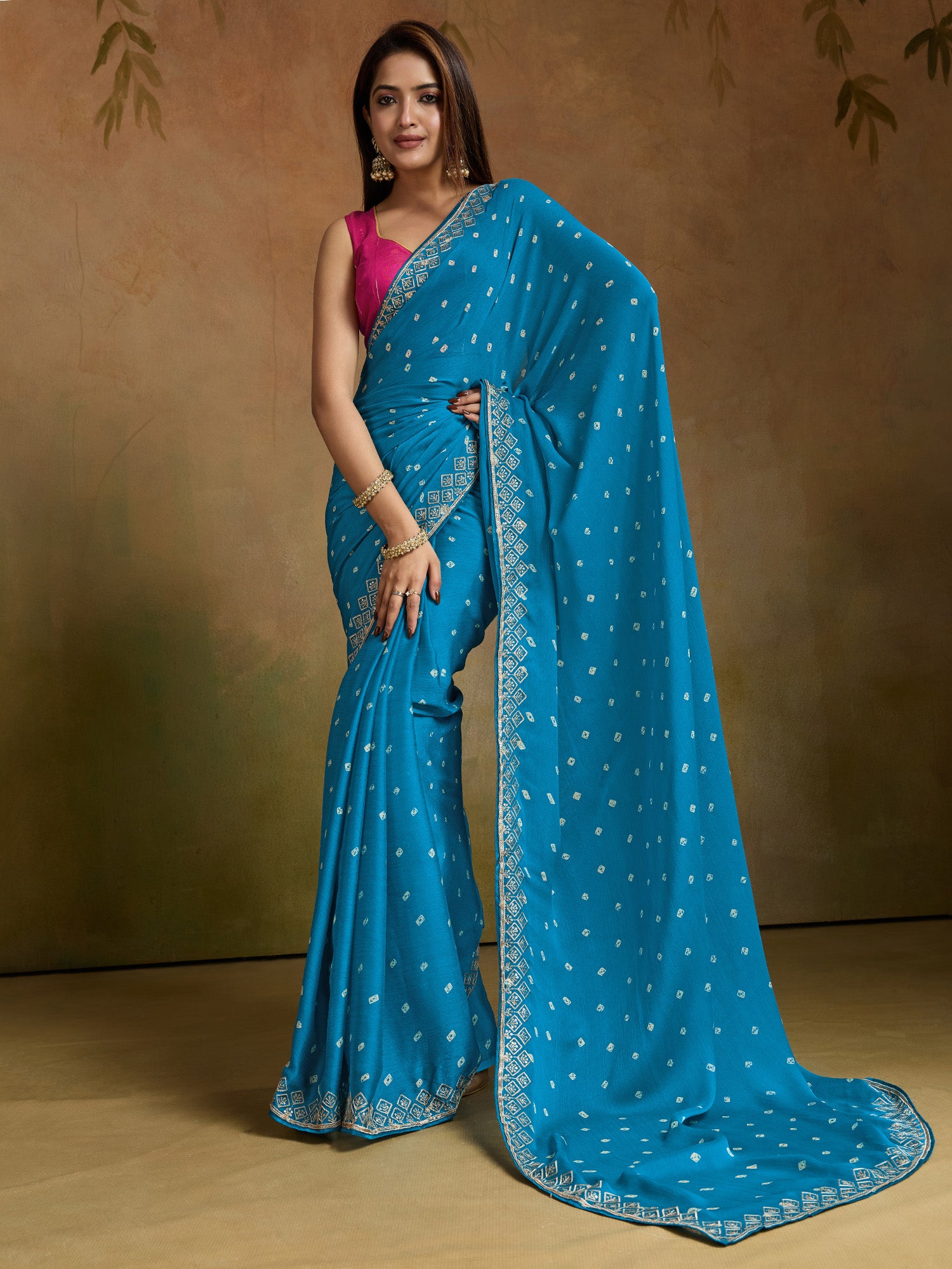 Women's Chiffon Light Blue Printed Designer Saree With Blouse Piece
