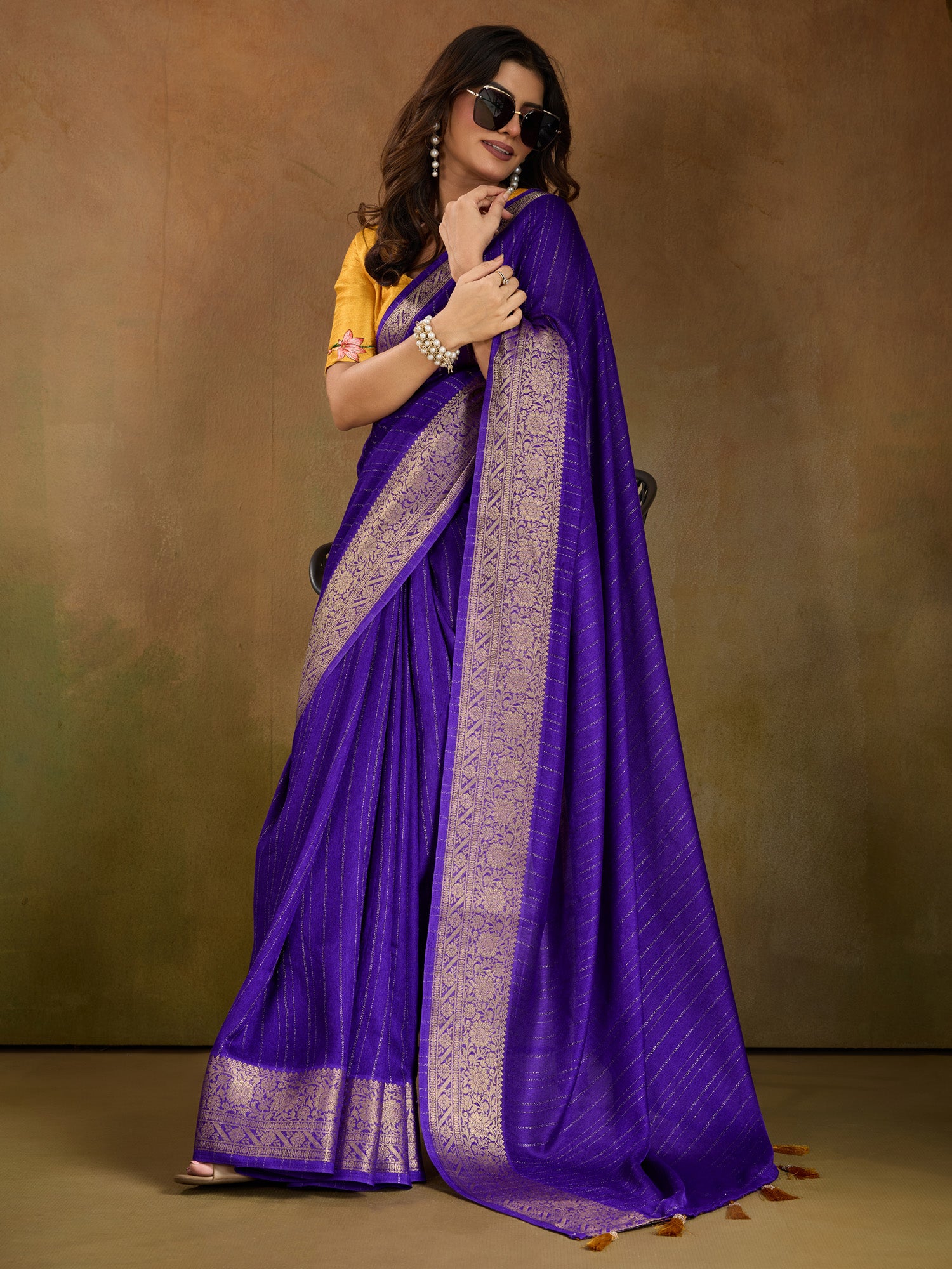 Women's Georgette Purple Woven Design Designer Saree With Blouse Piece