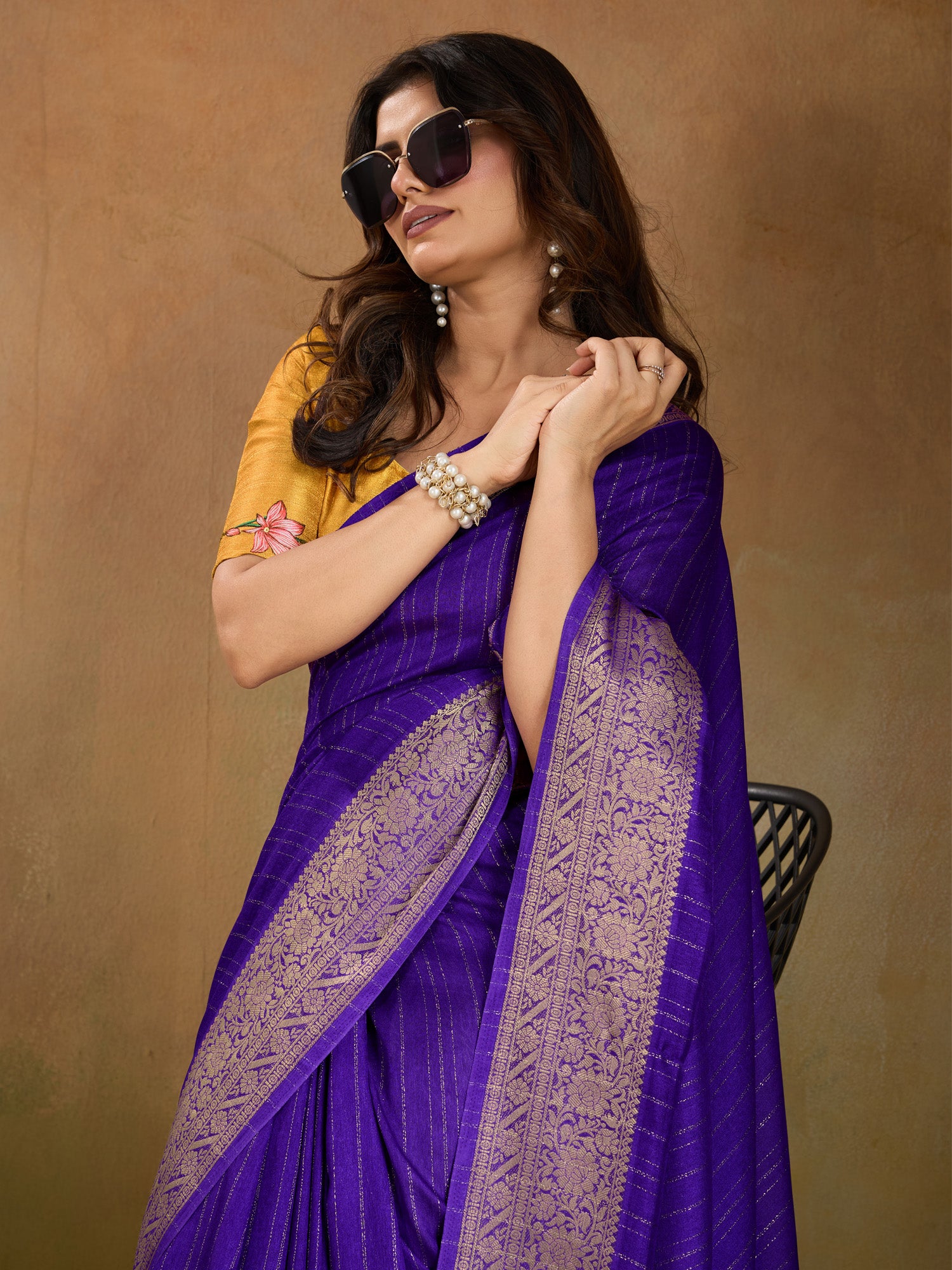 Women's Georgette Purple Woven Design Designer Saree With Blouse Piece