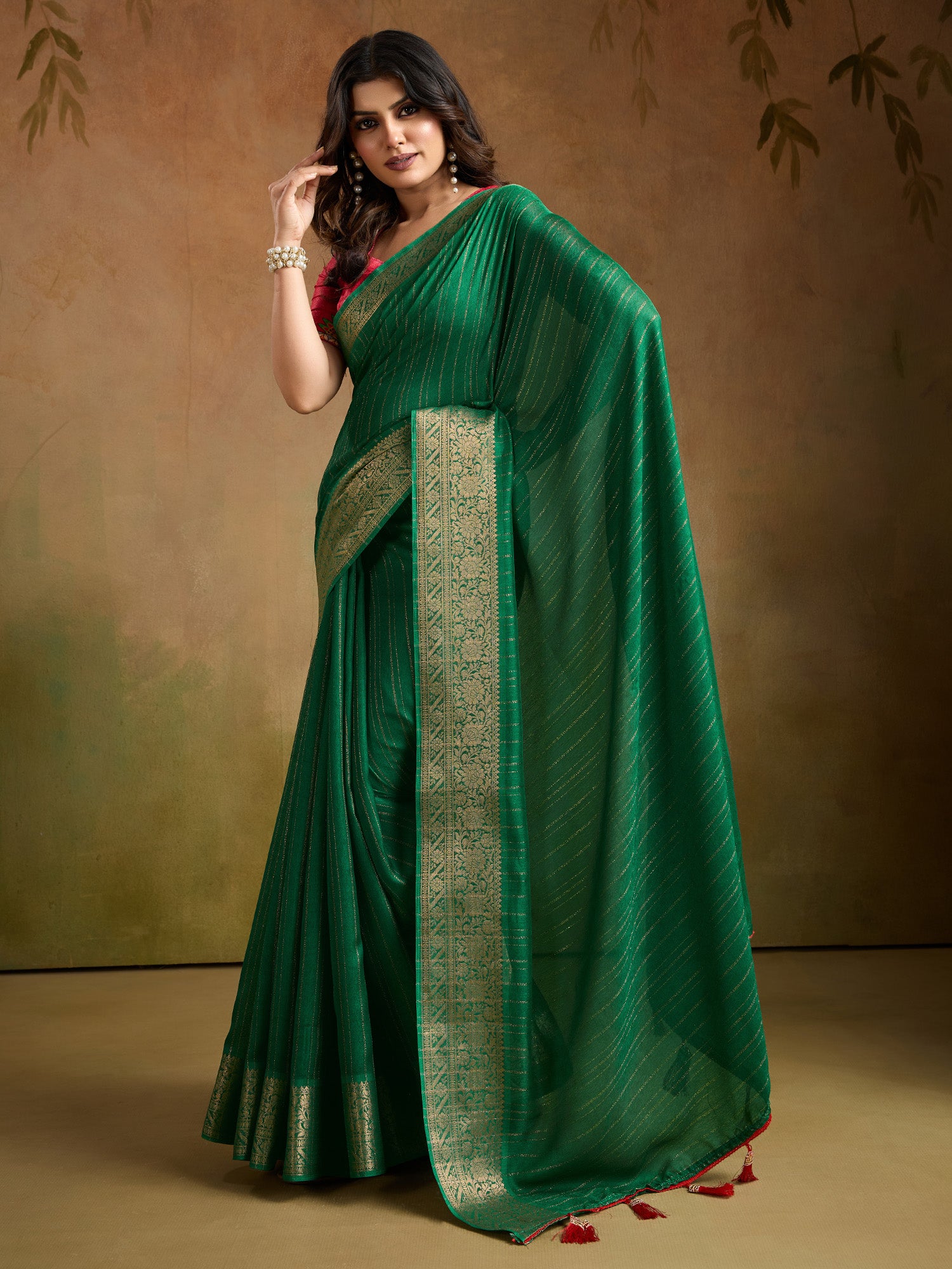 Women's Georgette Green Woven Design Designer Saree With Blouse Piece