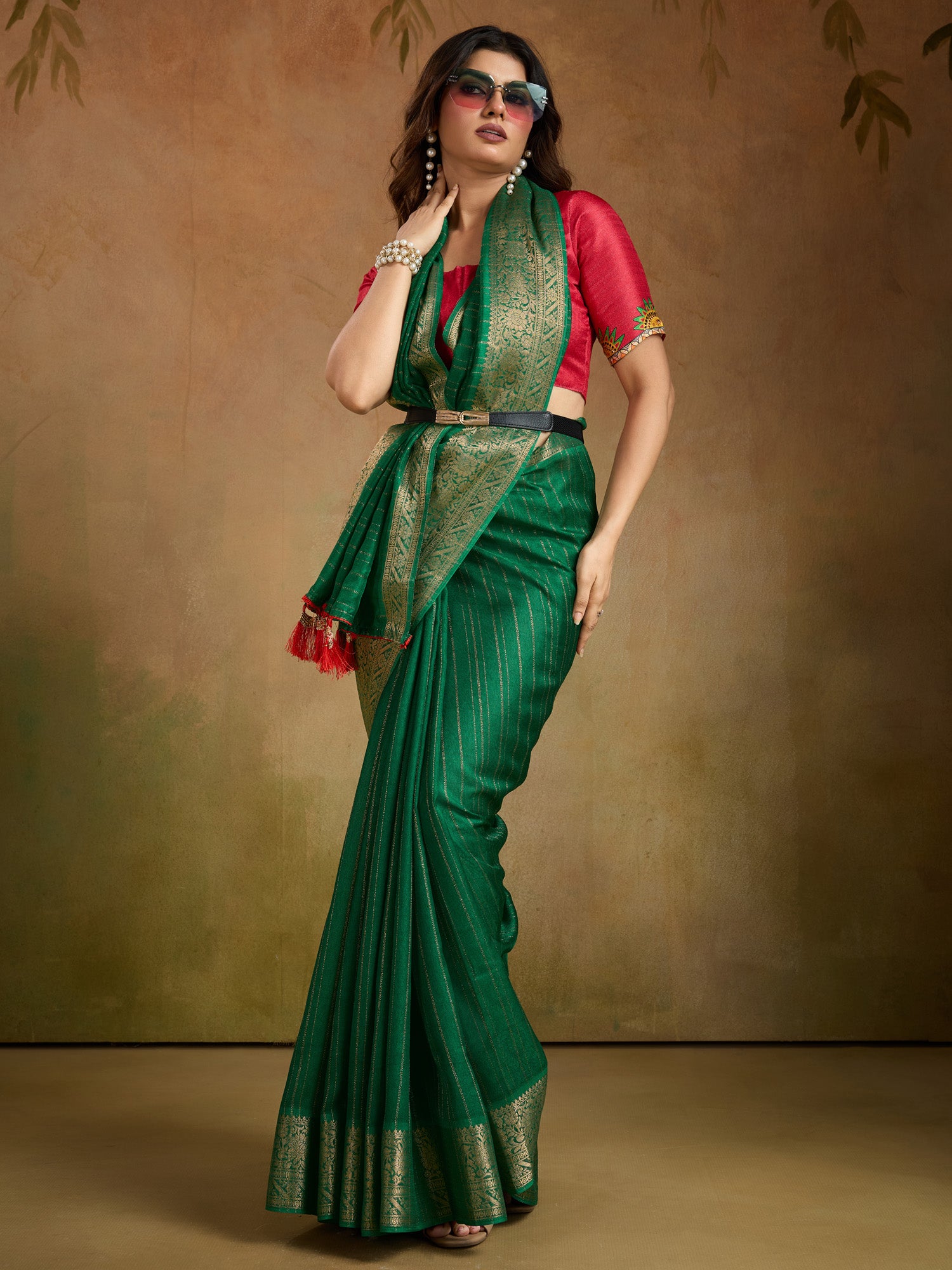 Women's Georgette Green Woven Design Designer Saree With Blouse Piece