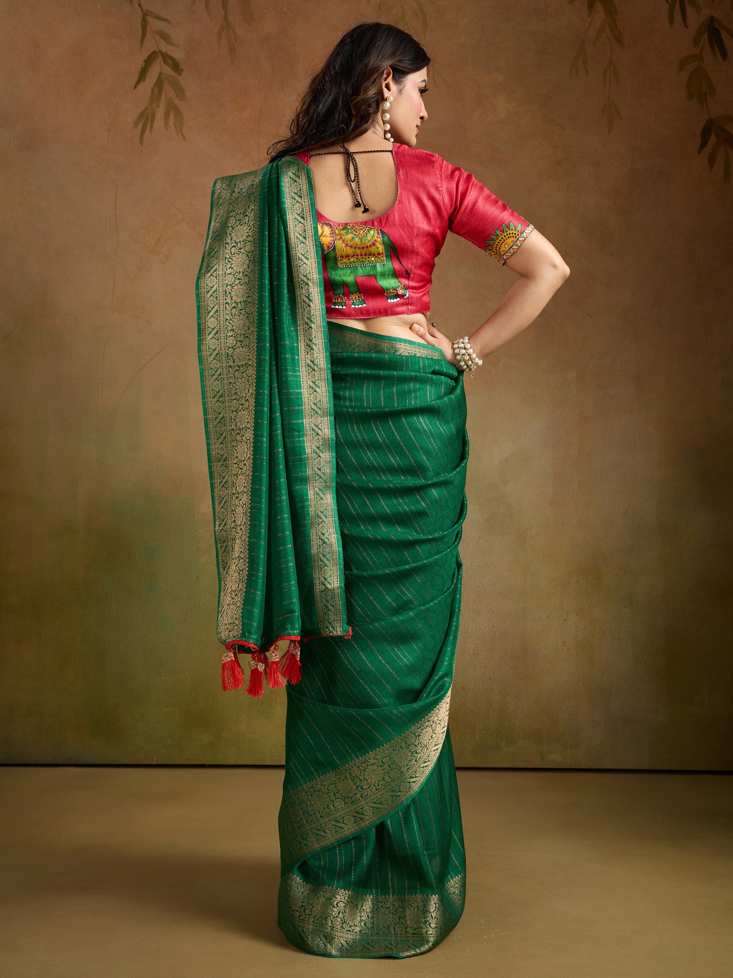 Women's Georgette Green Woven Design Designer Saree With Blouse Piece