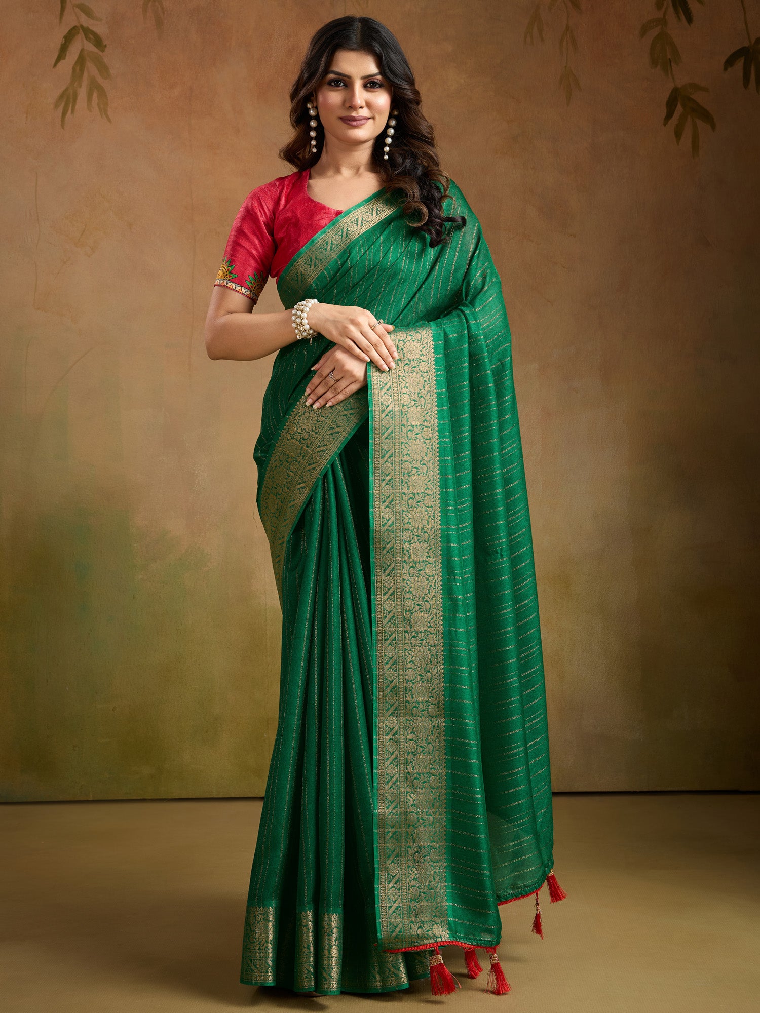 Women's Georgette Green Woven Design Designer Saree With Blouse Piece