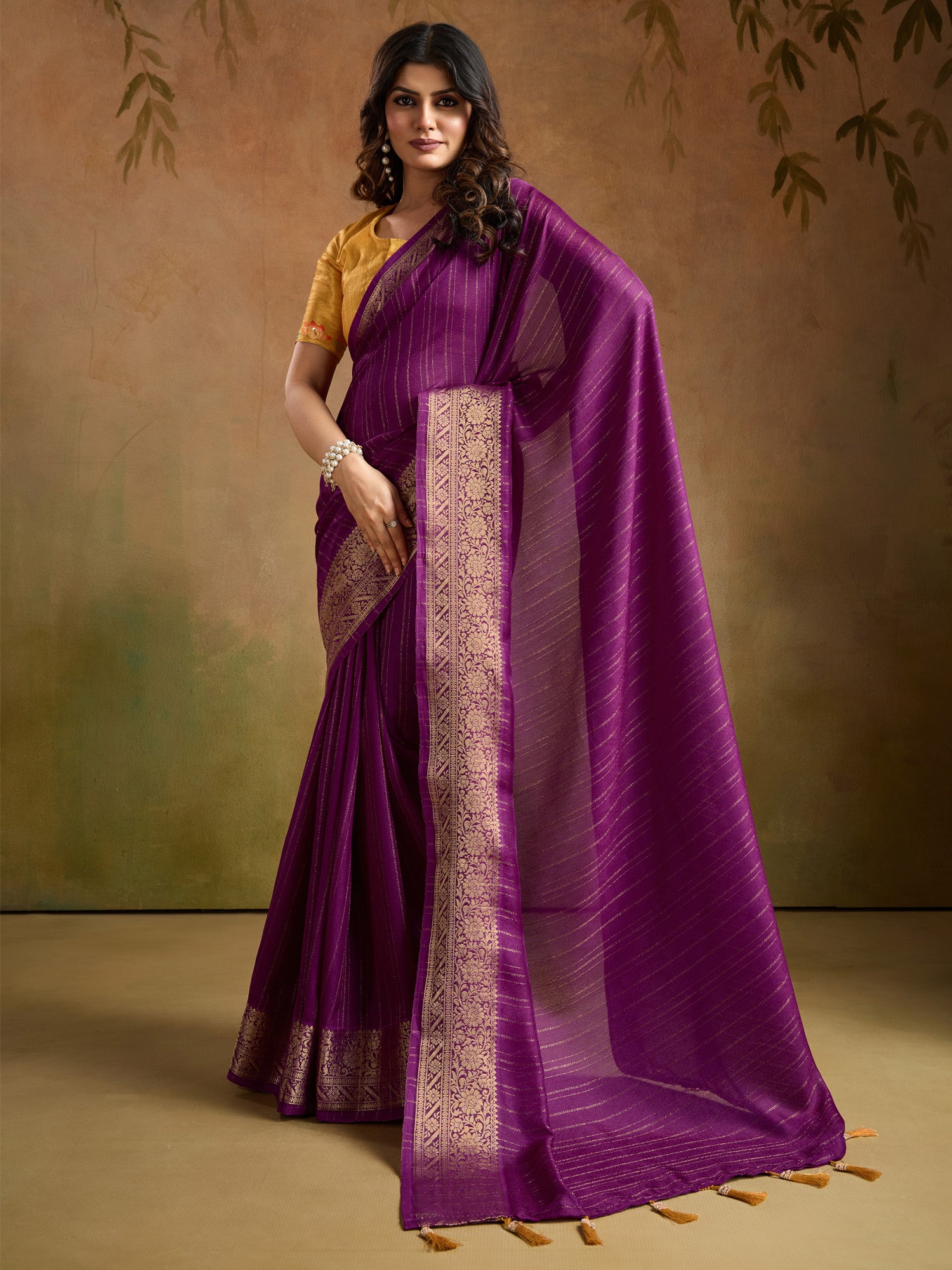 Women's Georgette Purple Woven Design Designer Saree With Blouse Piece