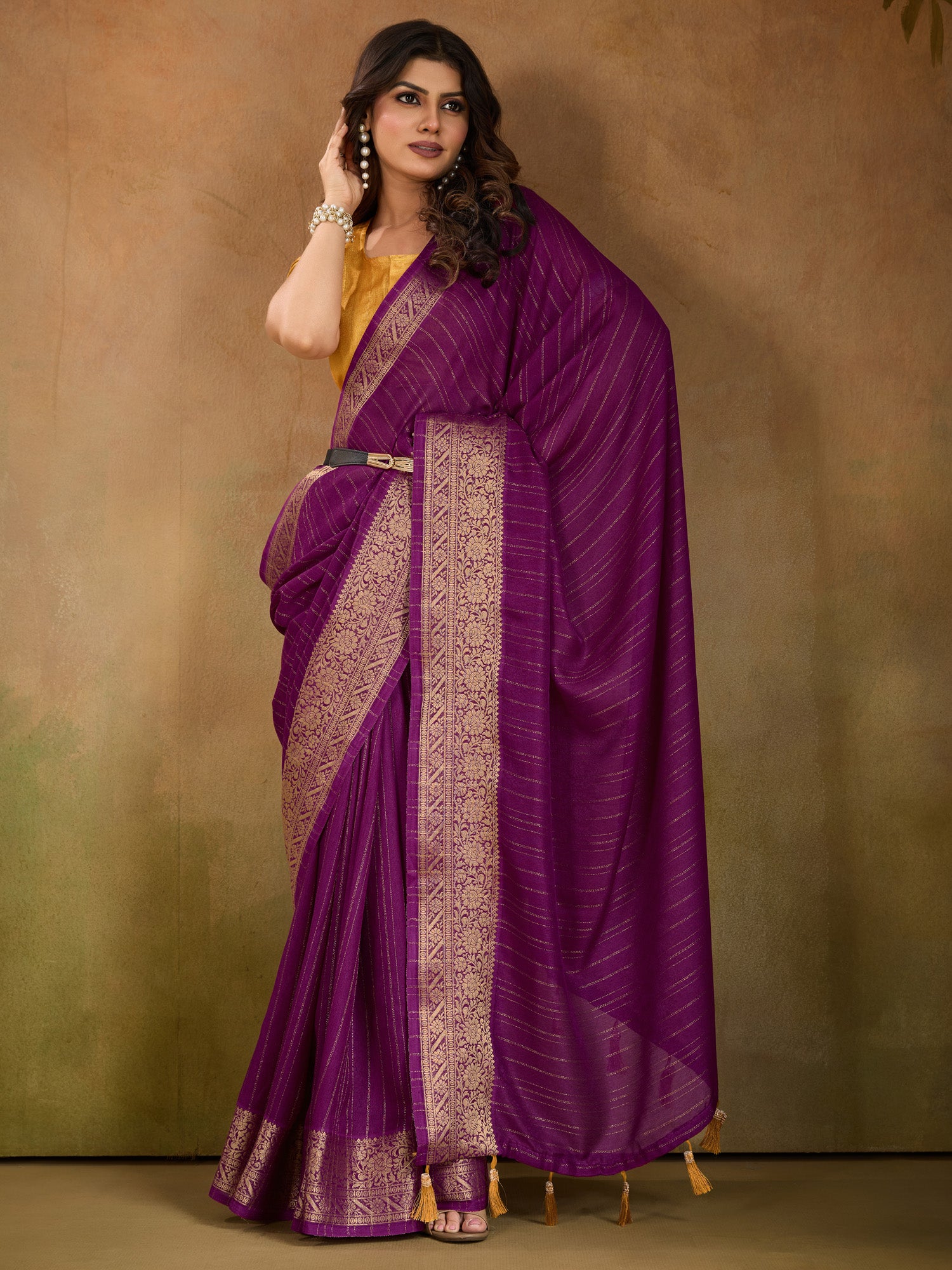 Women's Georgette Purple Woven Design Designer Saree With Blouse Piece