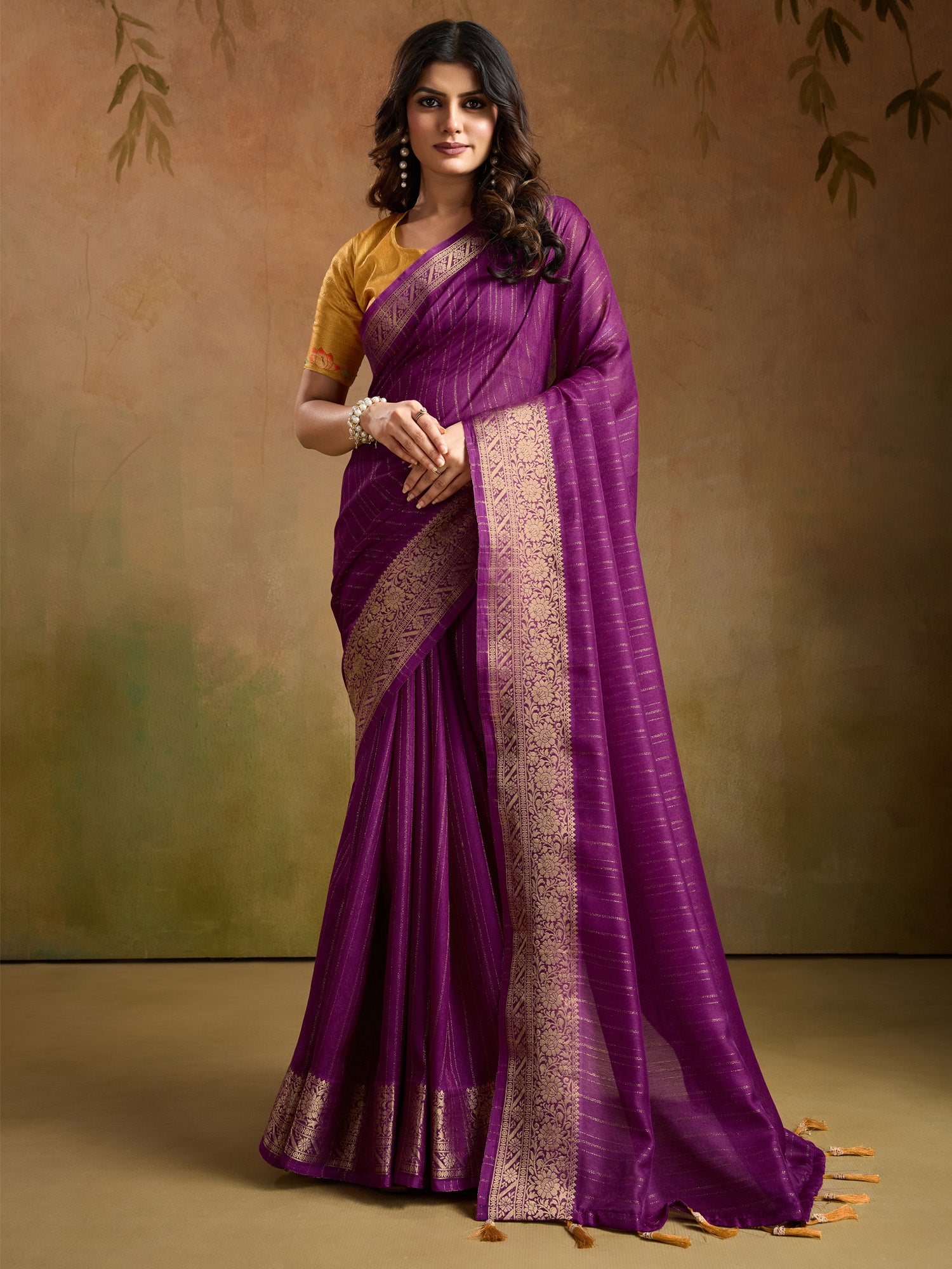 Women's Georgette Purple Woven Design Designer Saree With Blouse Piece
