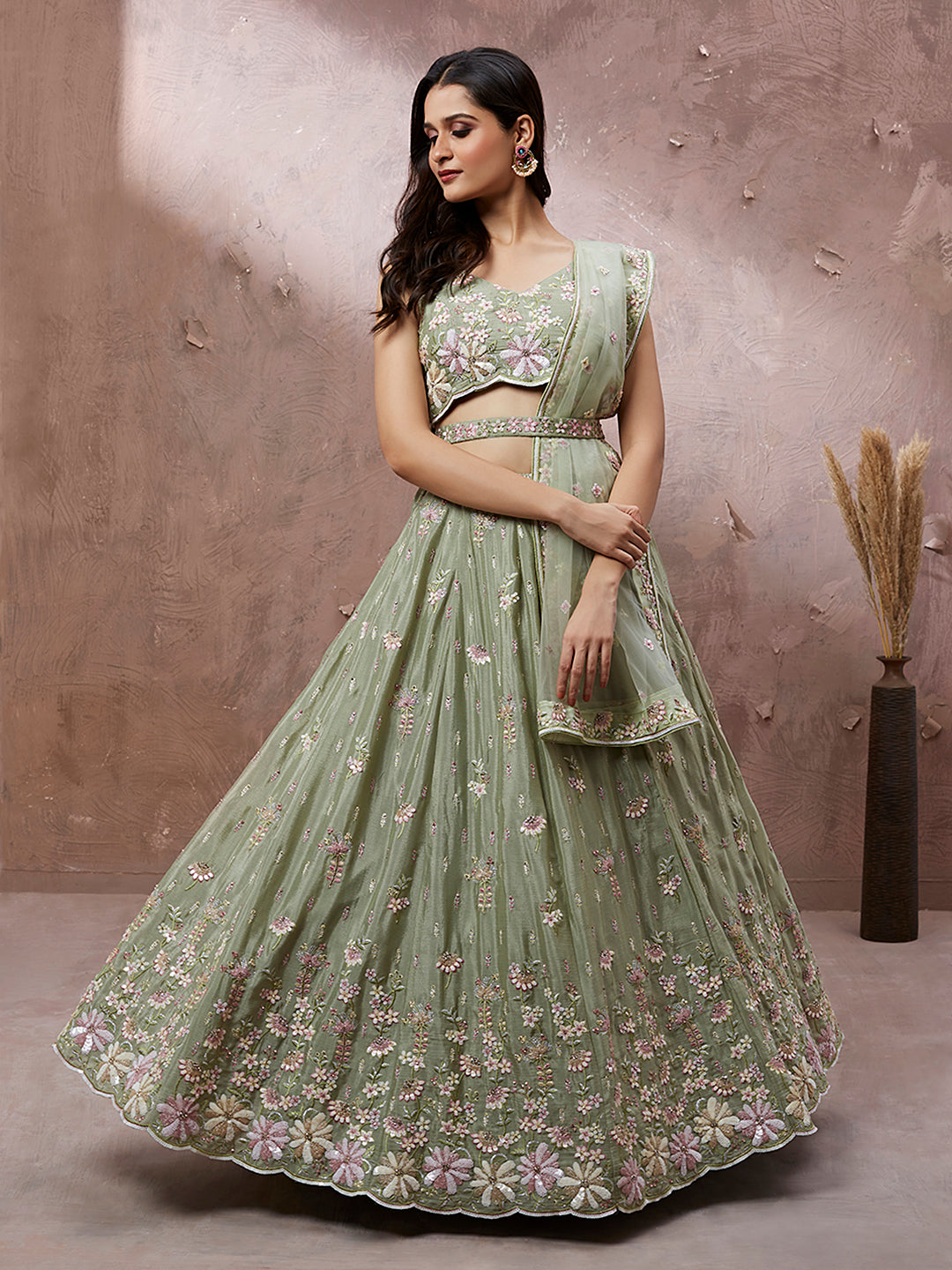 Lime Green Pure Georgette Sequins with heavy Zarkan embroidery Semi-Stitched Lehenga choli & Dupatta