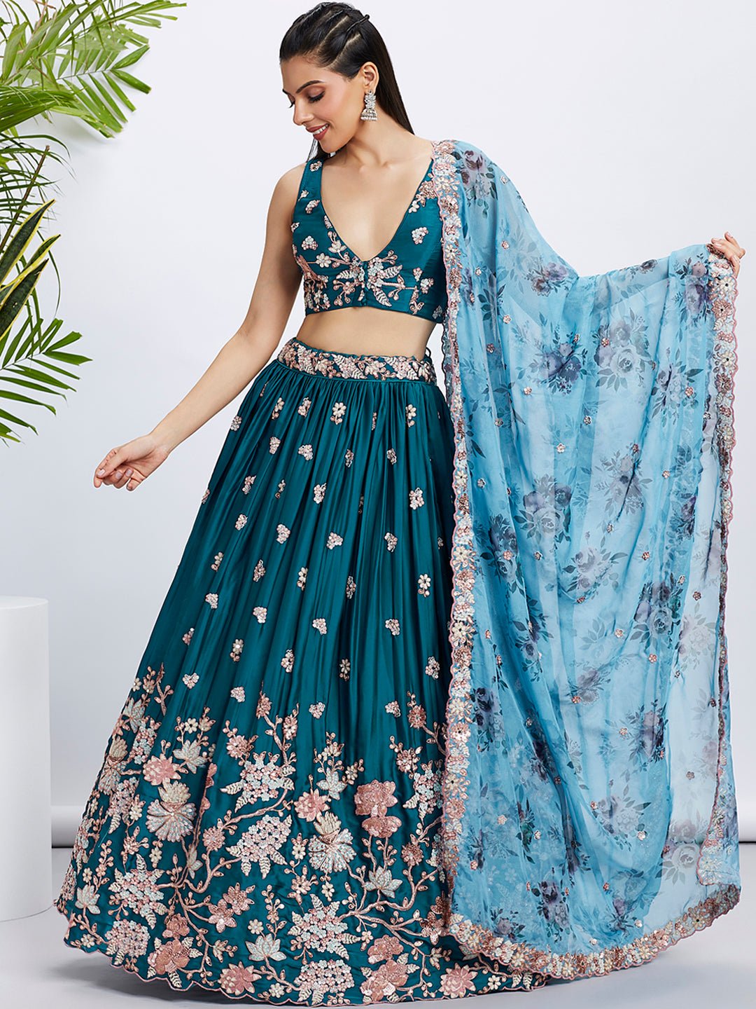 Teal Pure Georgette Sequins and thread embroidery Semi-Stitched Lehenga choli & Dupatta