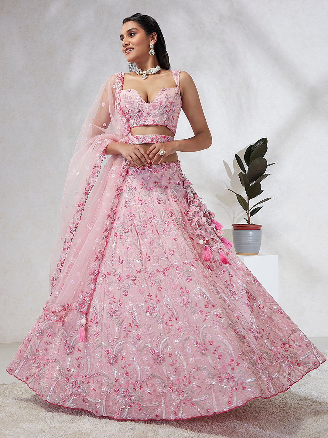 Pink Georgette Sequins and thread embroidery Semi-Stitched Lehenga choli & Dupatta