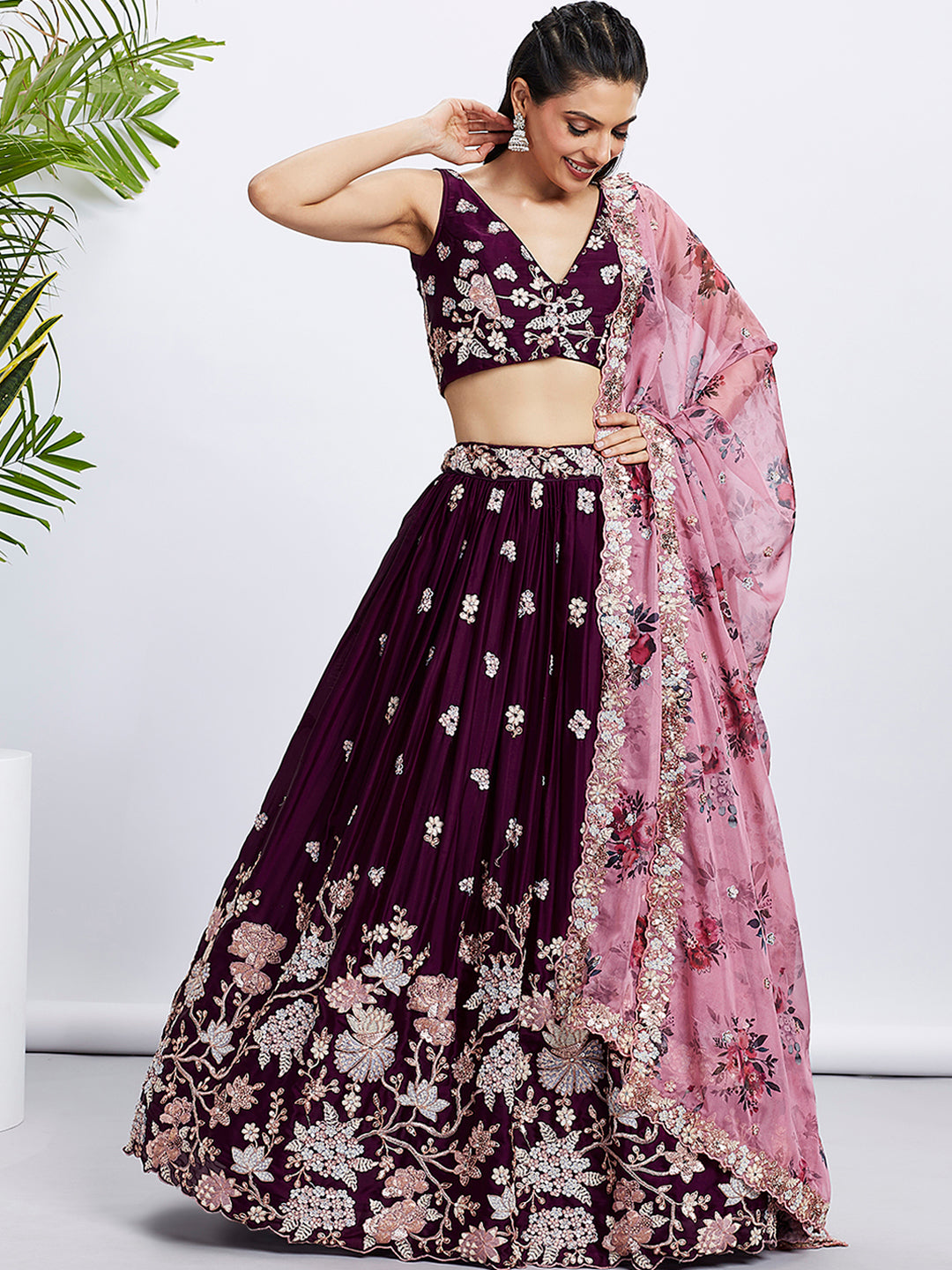 Burgundy Pure Georgette Sequins and thread embroidery Semi-Stitched Lehenga choli & Dupatta