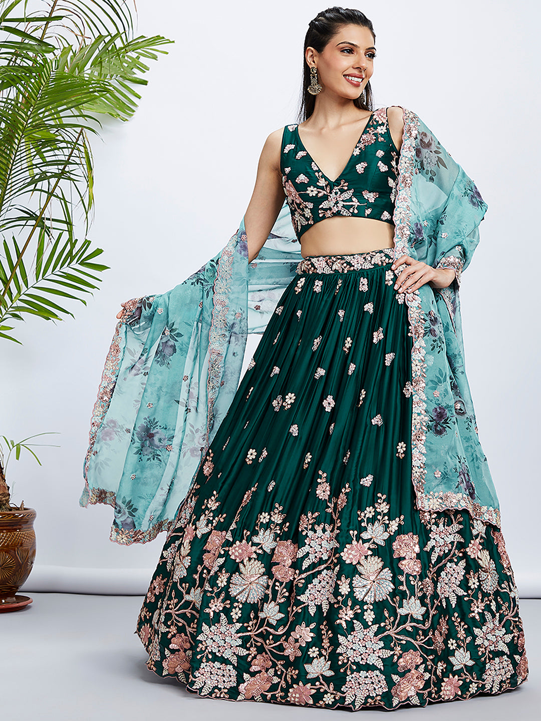 Green Pure Georgette Sequins and thread embroidery Semi-Stitched Lehenga choli & Dupatta