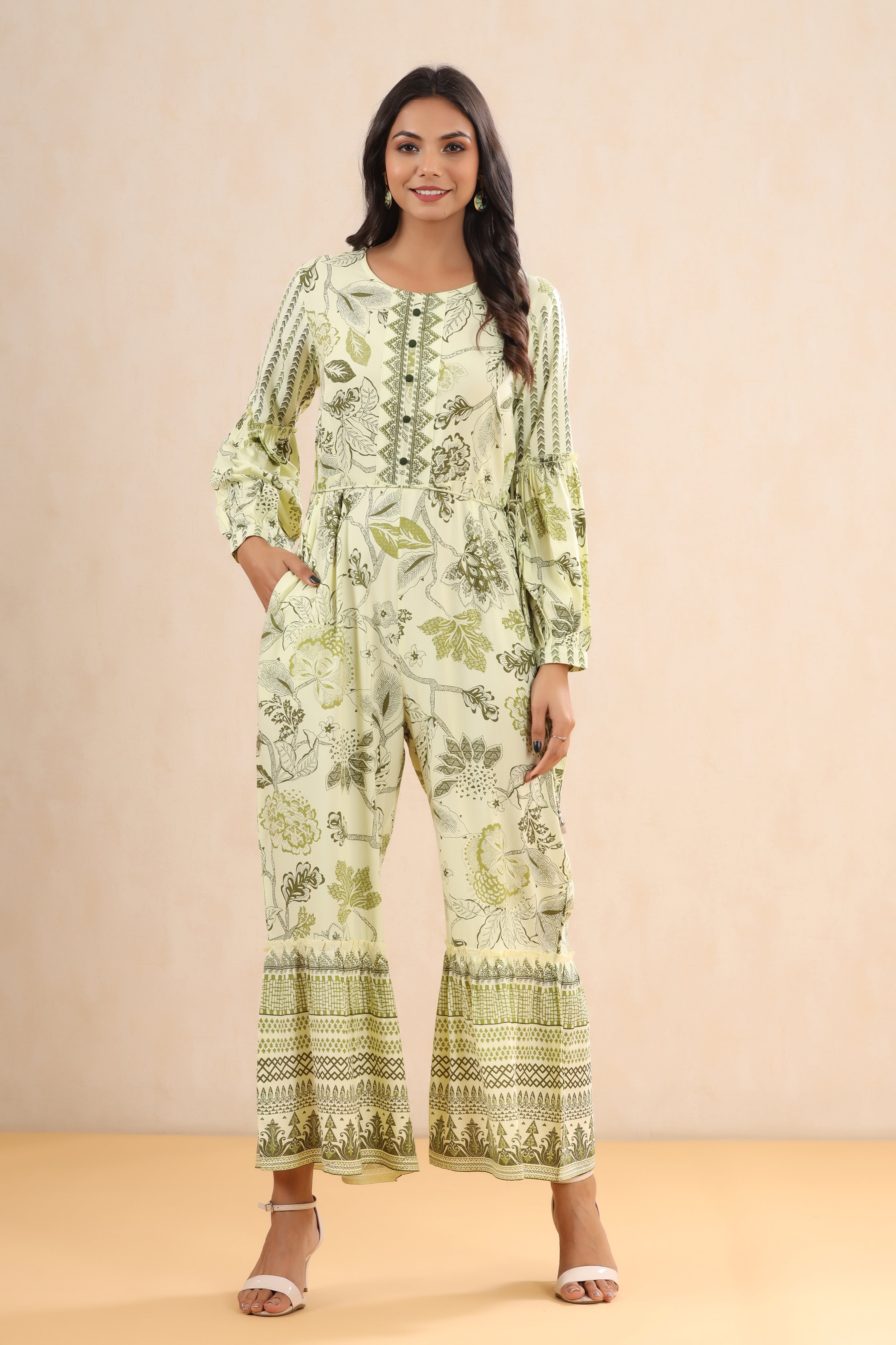 Women Light olive Rayon Printed Jumpsuit