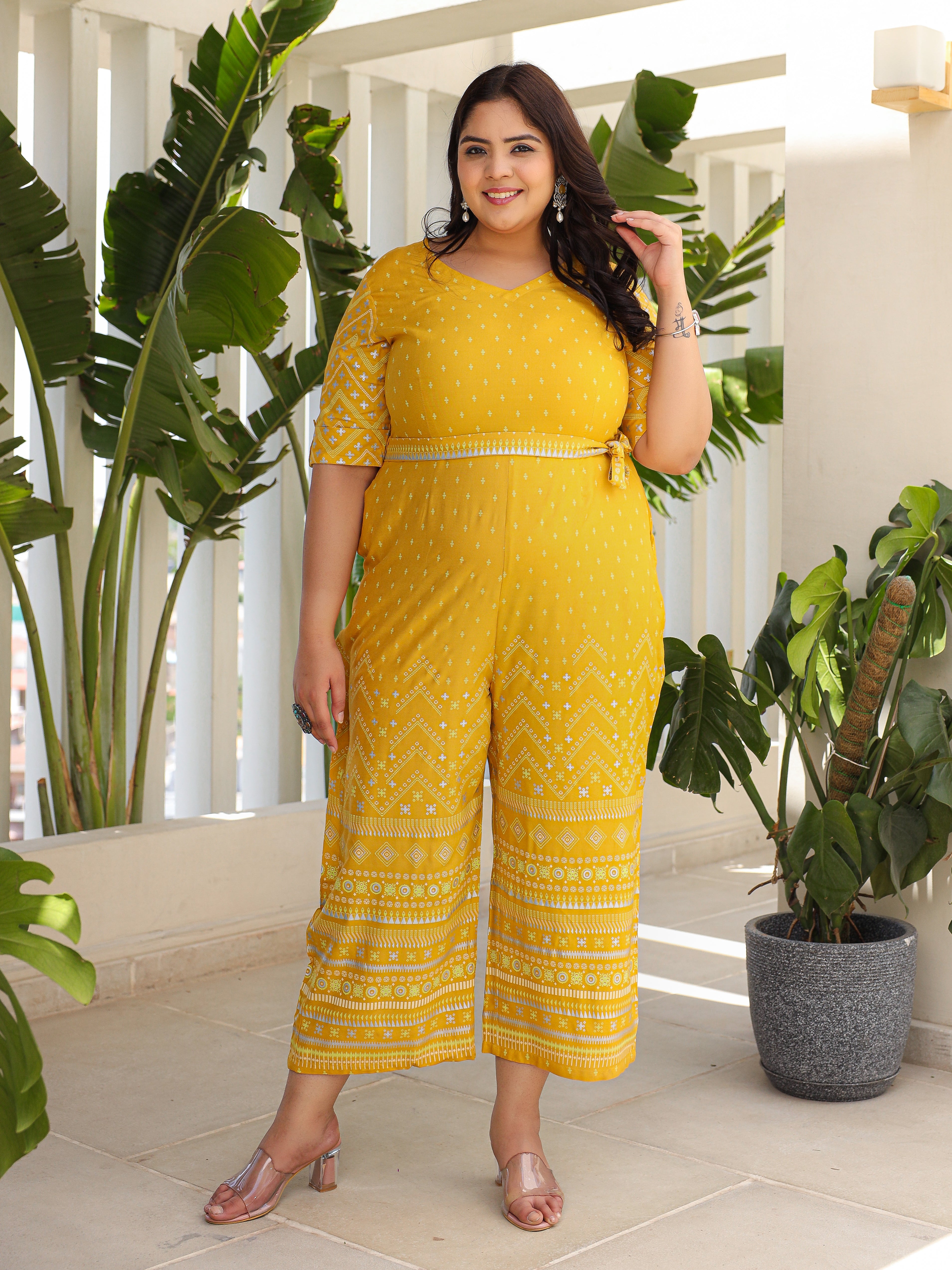 Women Mustard Liva Bandhani Jumpsuit