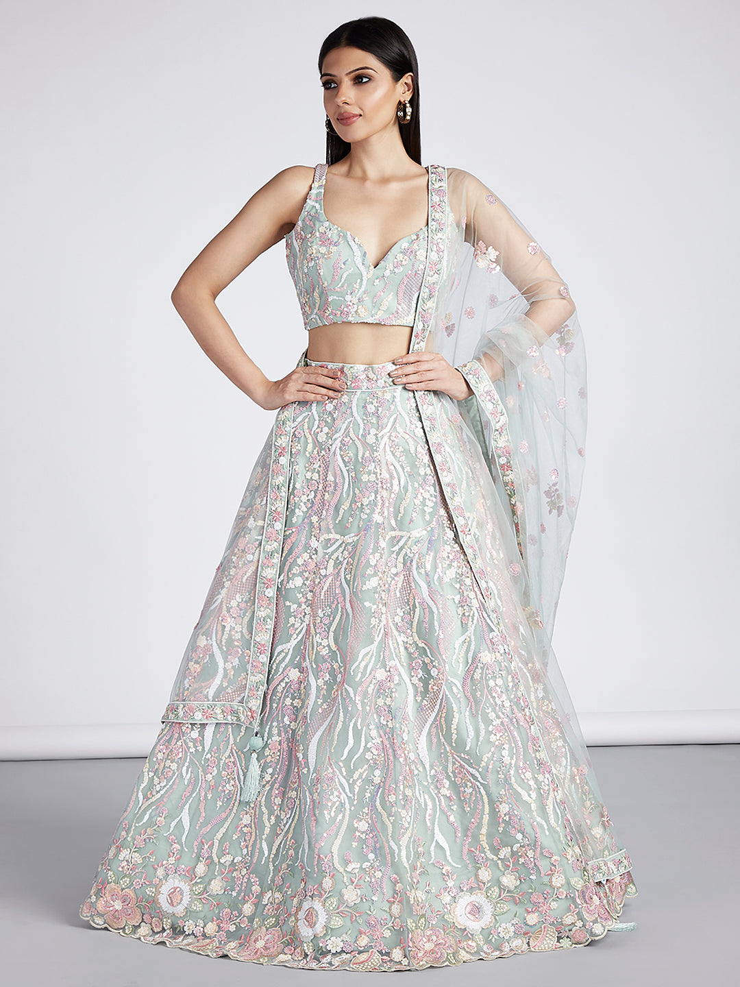 Lime Green Net Sequins and thread embroidery Semi-Stitched Lehenga choli & Dupatta