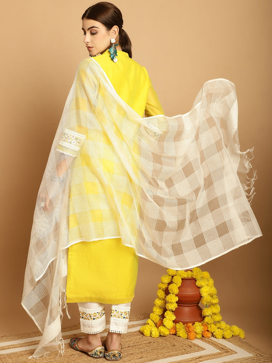Women Lemon Yellow Chanderi Trouser Dupatta Set