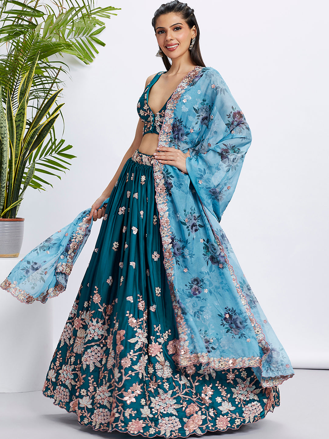 Teal Pure Georgette Sequins and thread embroidery Semi-Stitched Lehenga choli & Dupatta