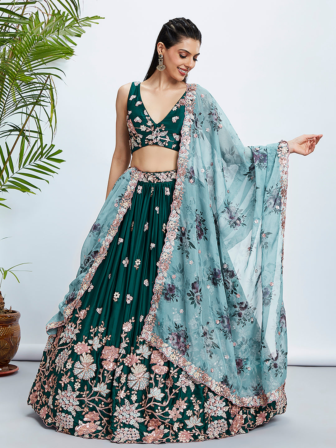 Green Pure Georgette Sequins and thread embroidery Semi-Stitched Lehenga choli & Dupatta