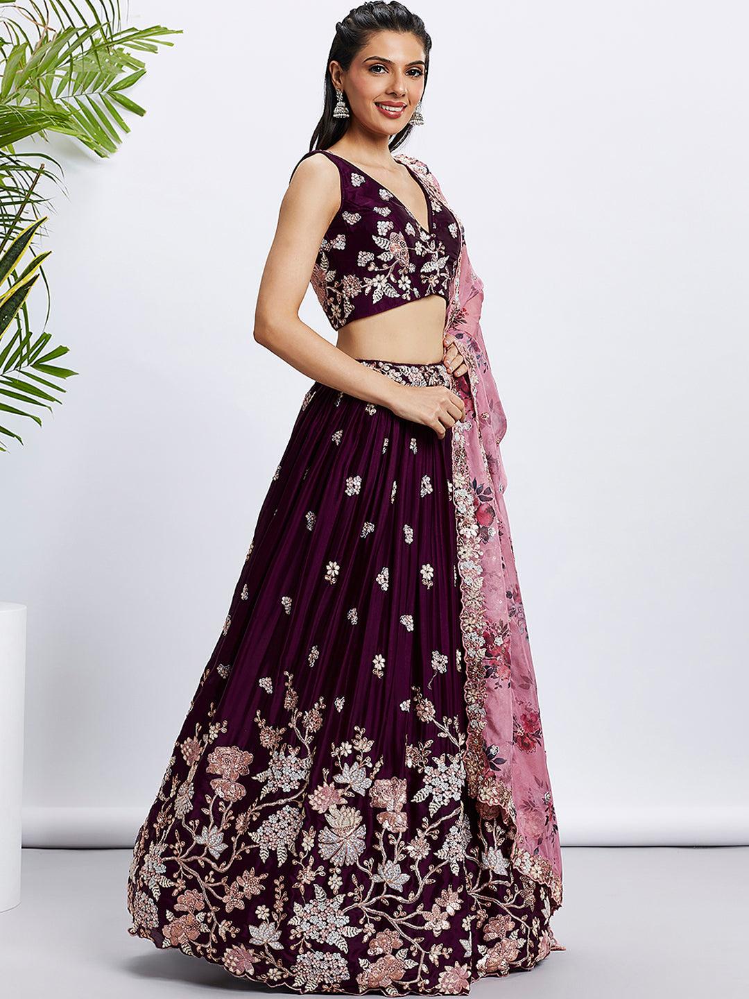 Burgundy Pure Georgette Sequins and thread embroidery Semi-Stitched Lehenga choli & Dupatta