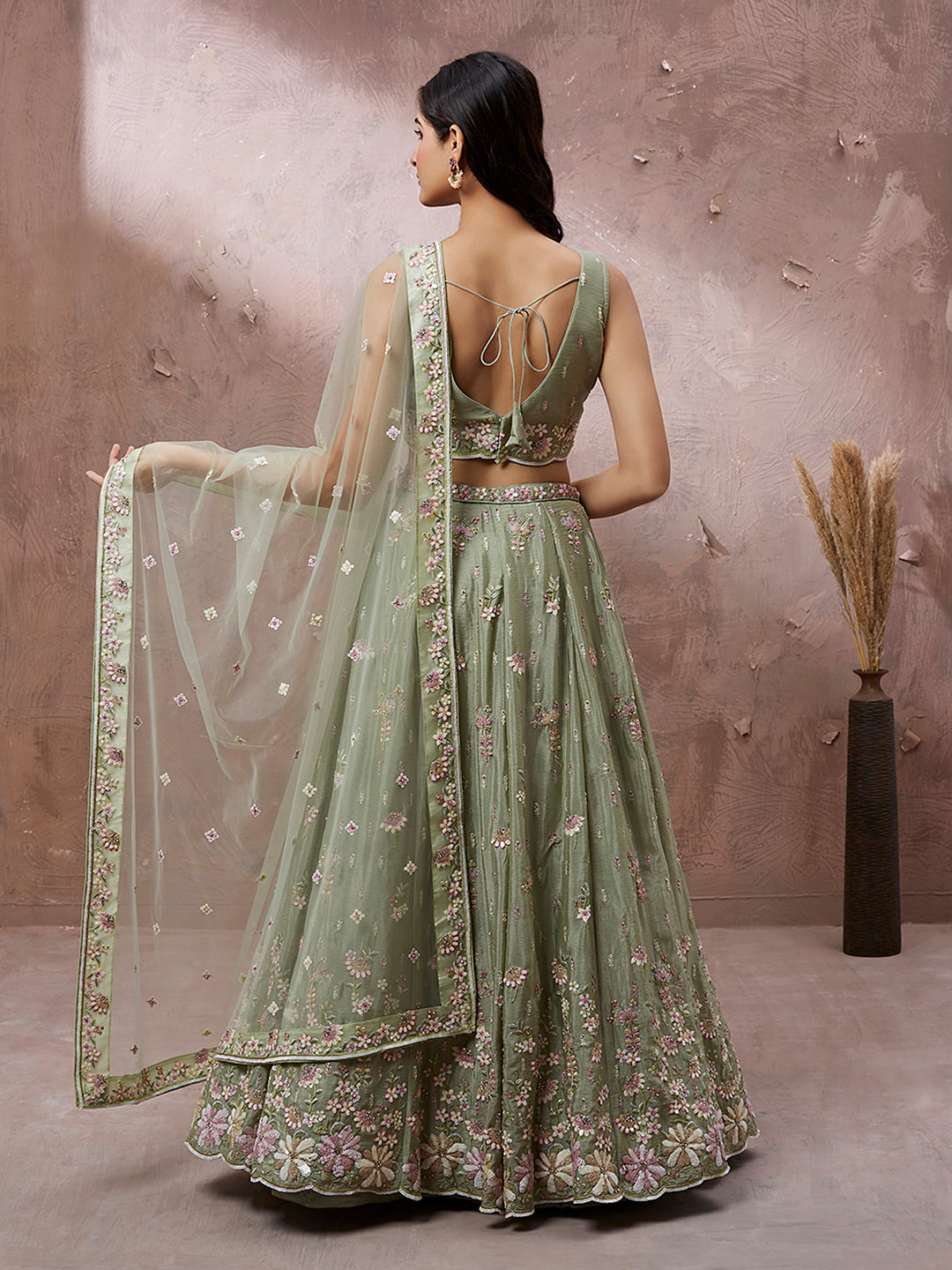 Lime Green Pure Georgette Sequins with heavy Zarkan embroidery Semi-Stitched Lehenga choli & Dupatta