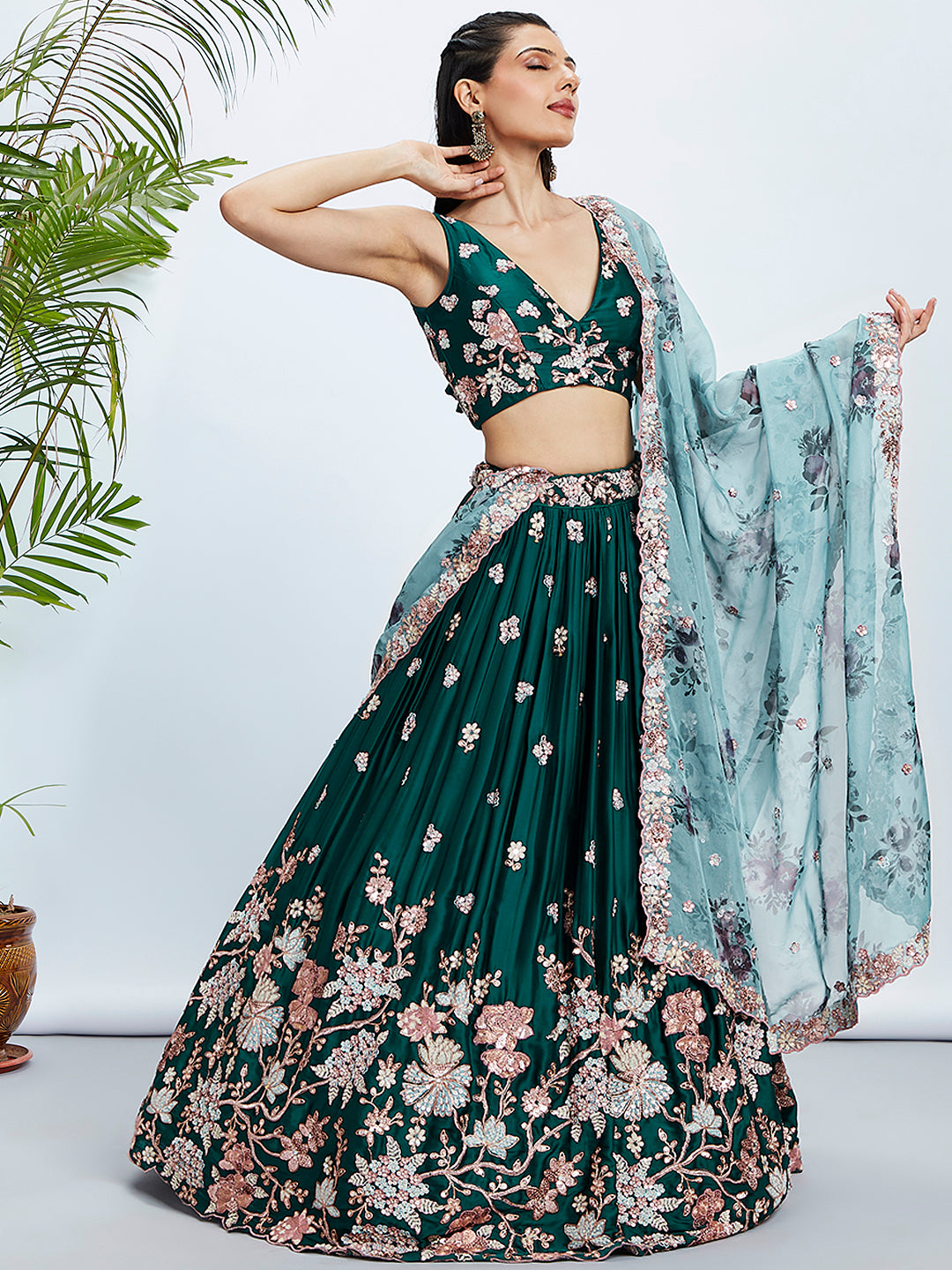 Green Pure Georgette Sequins and thread embroidery Semi-Stitched Lehenga choli & Dupatta