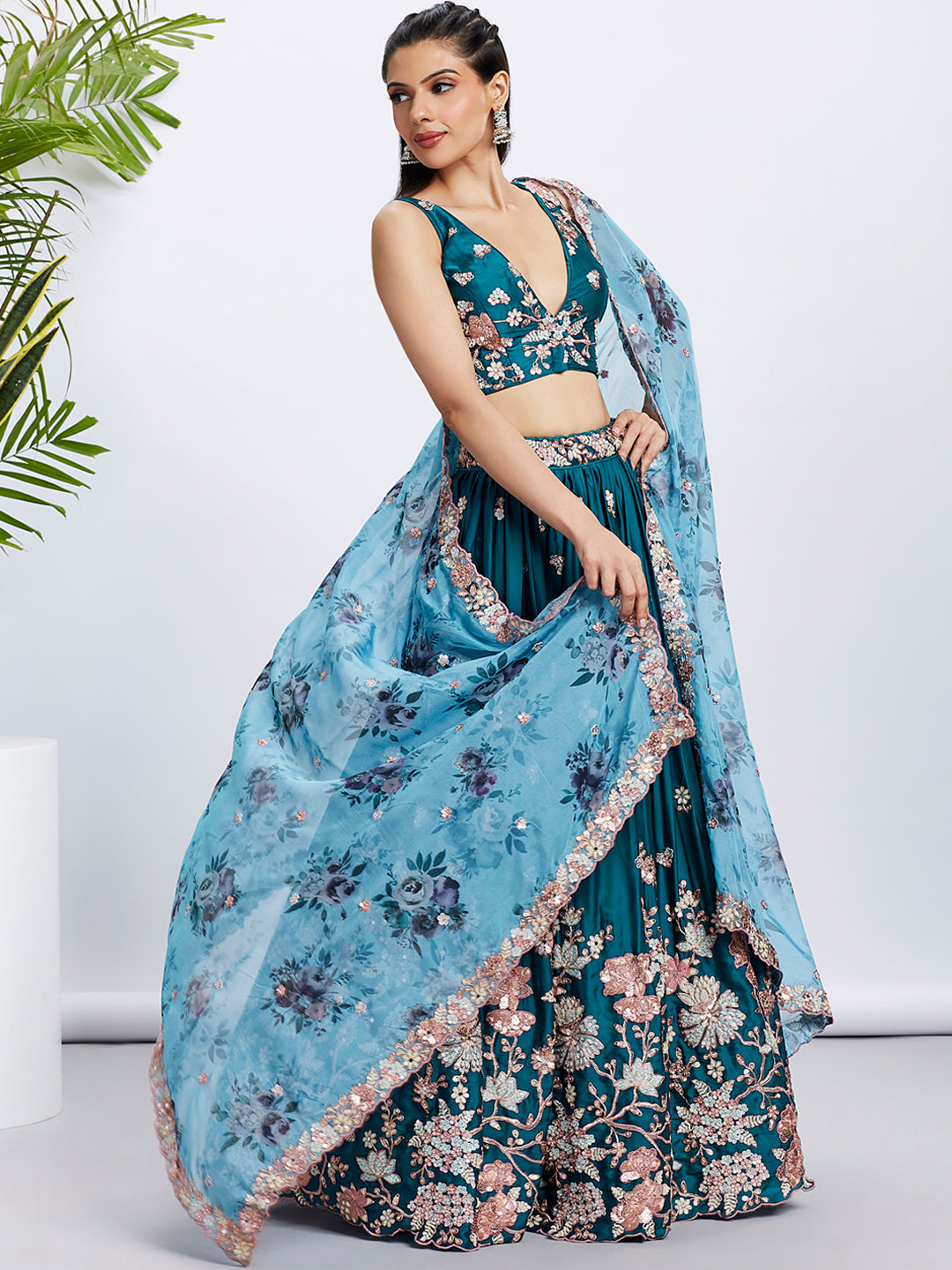 Teal Pure Georgette Sequins and thread embroidery Semi-Stitched Lehenga choli & Dupatta