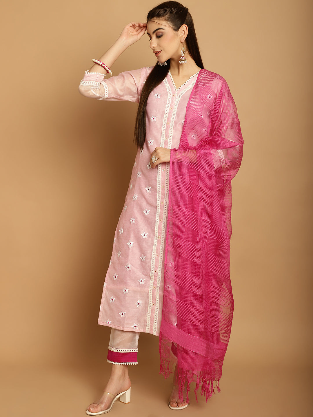 Women Pink Chanderi Trouser Dupatta Set