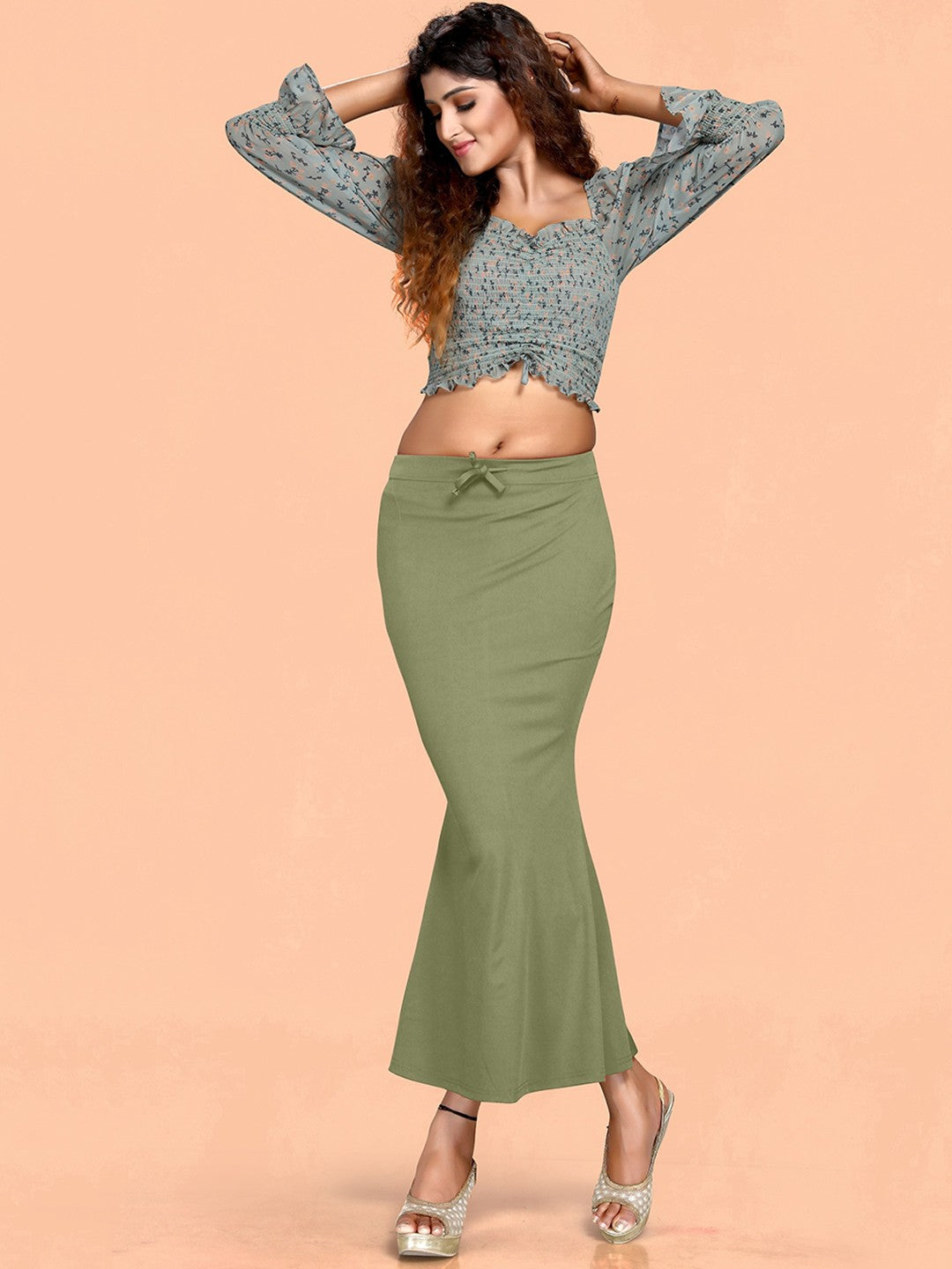 Women Olive Green  Cotton Lycra Saree Shapewear