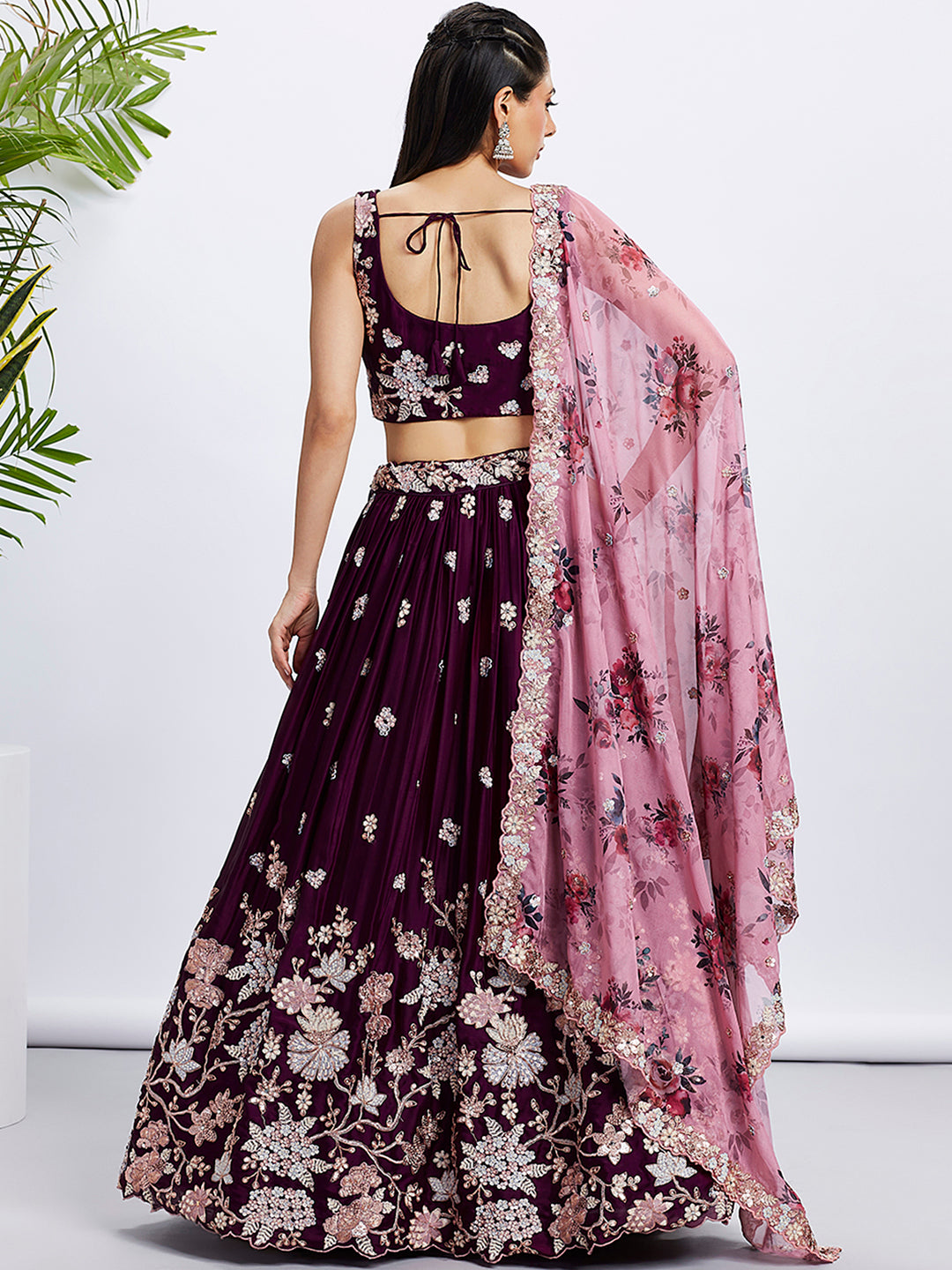 Burgundy Pure Georgette Sequins and thread embroidery Semi-Stitched Lehenga choli & Dupatta