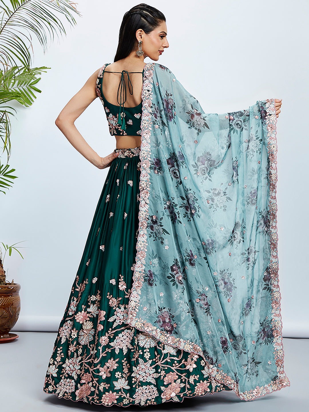 Green Pure Georgette Sequins and thread embroidery Semi-Stitched Lehenga choli & Dupatta