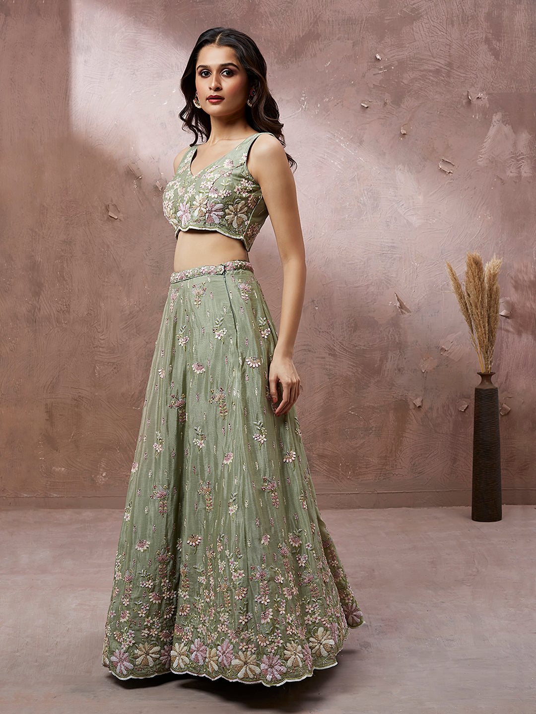 Lime Green Pure Georgette Sequins with heavy Zarkan embroidery Semi-Stitched Lehenga choli & Dupatta