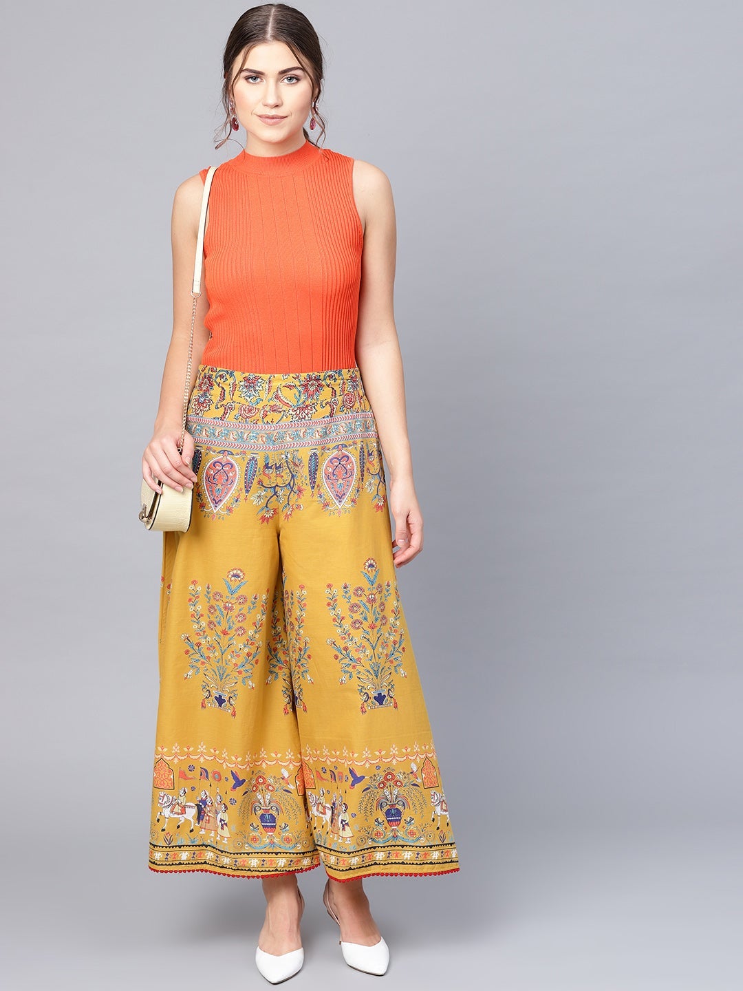 Women Mustard Cotton Printed Palazzo