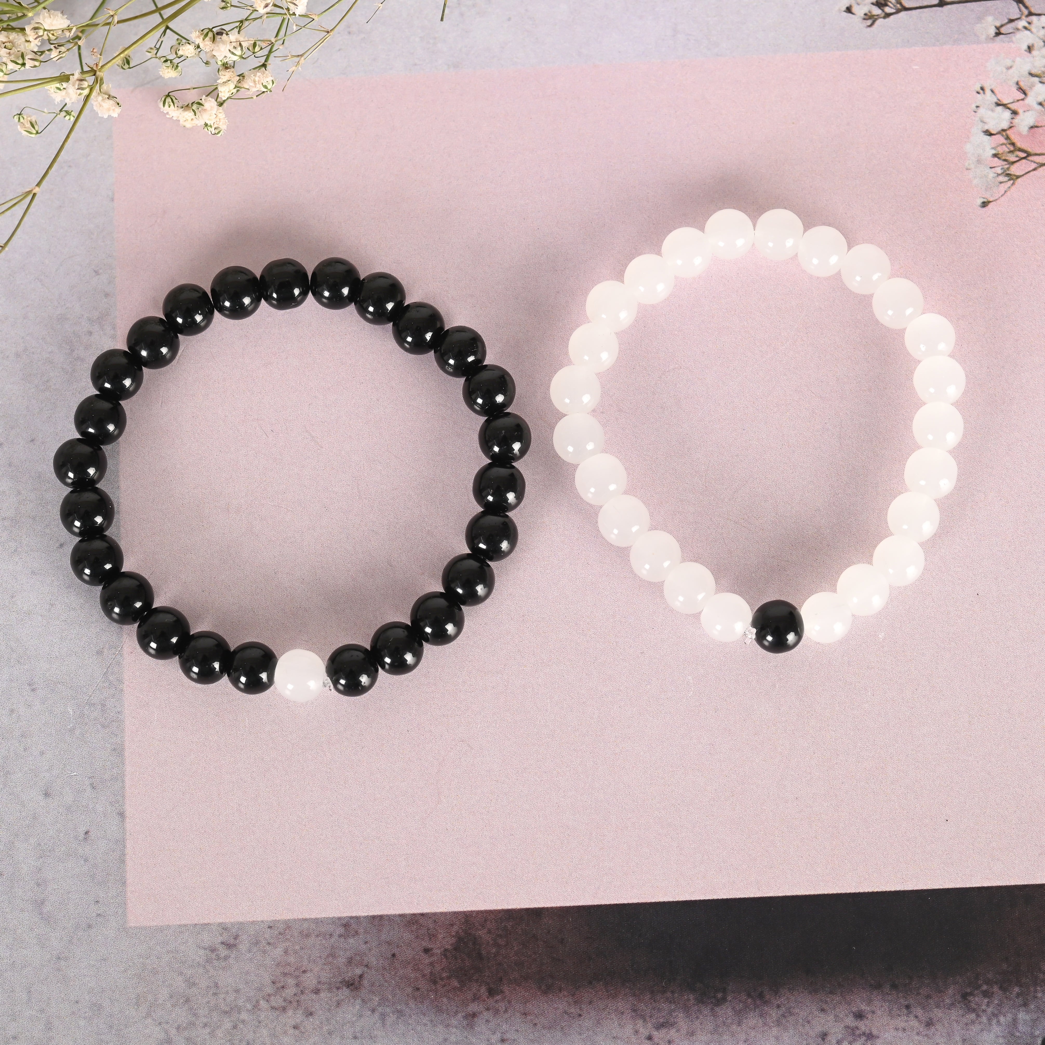Unisex White & Black Marbel Crystal Elasticated Bracelet