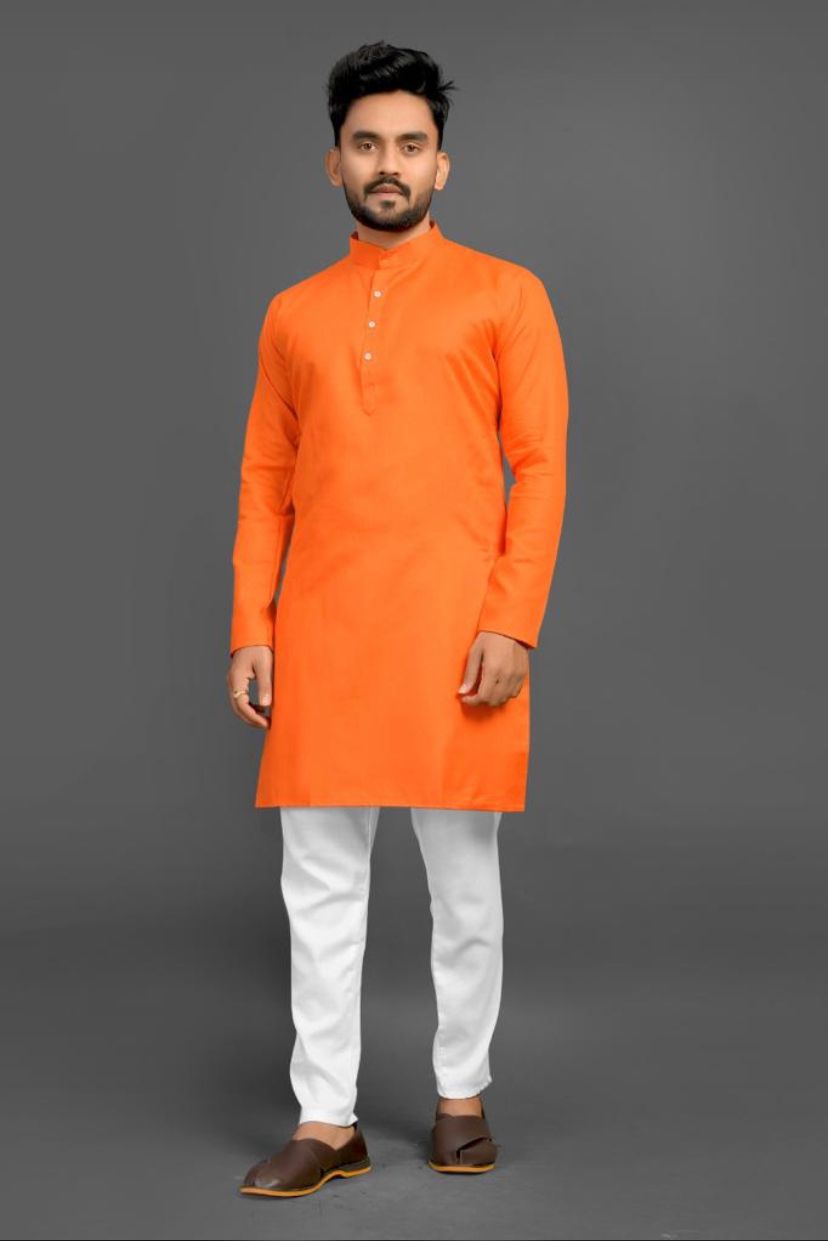 Men Solid Cotton Blend Straight Kurta  (Orange)