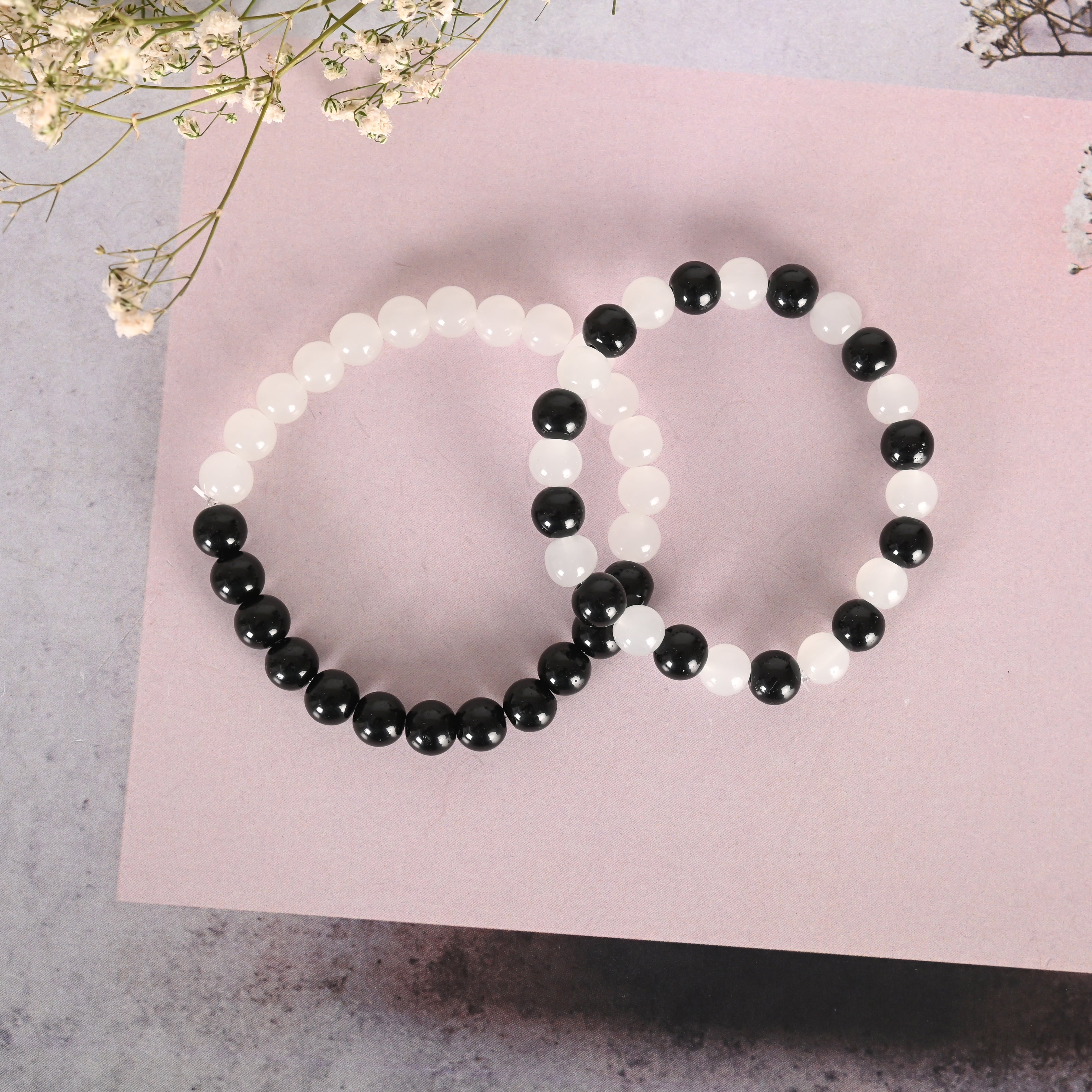 Unisex White & Black Marbel Crystal Elasticated Bracelet
