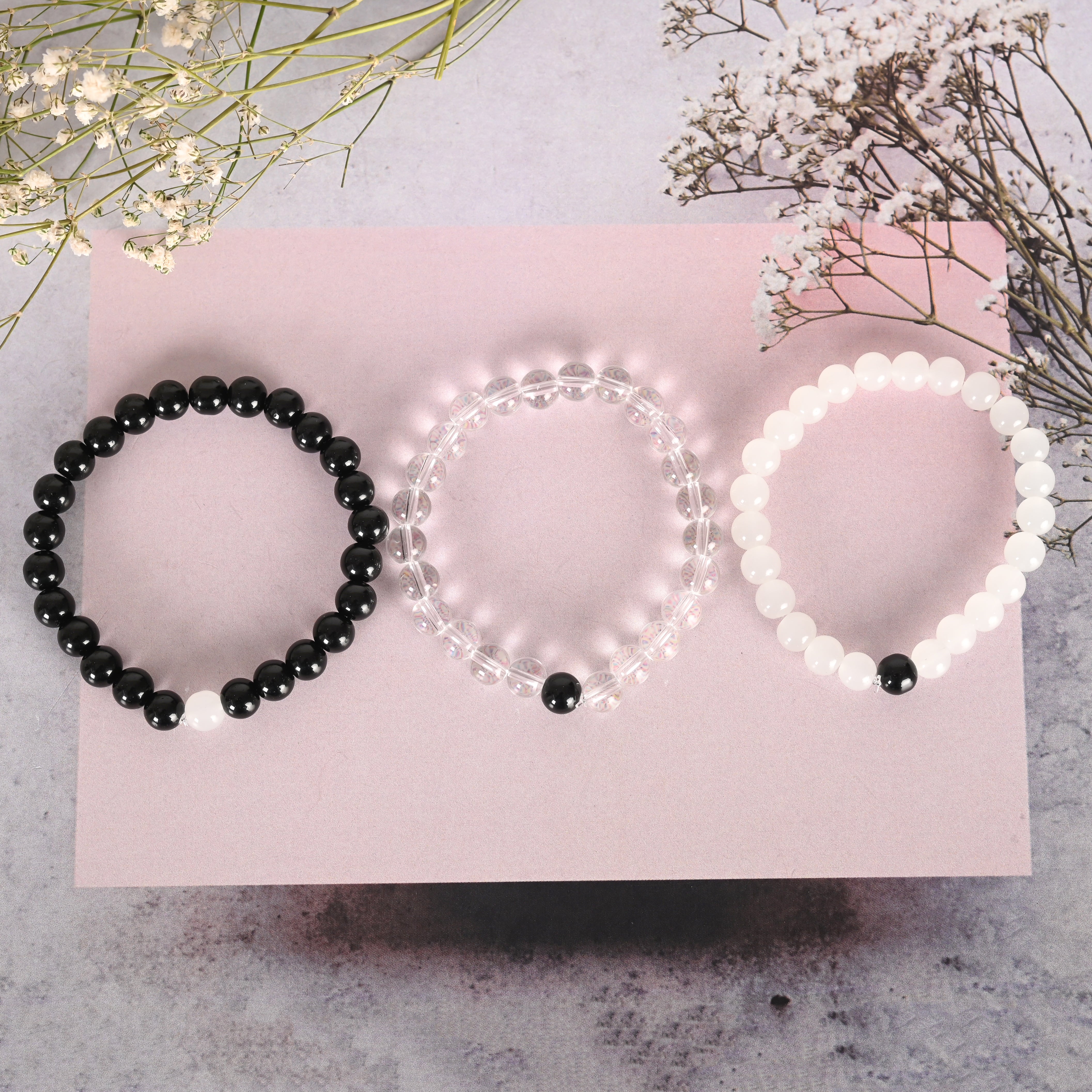 Unisex Transparent & White & Black Marbel Crystal Elasticated Bracelet