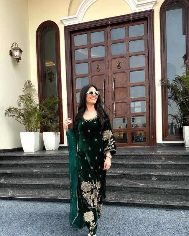 WOMEN GREEN Pure Heavy Viscous Velvet Embroidery SUIT SET