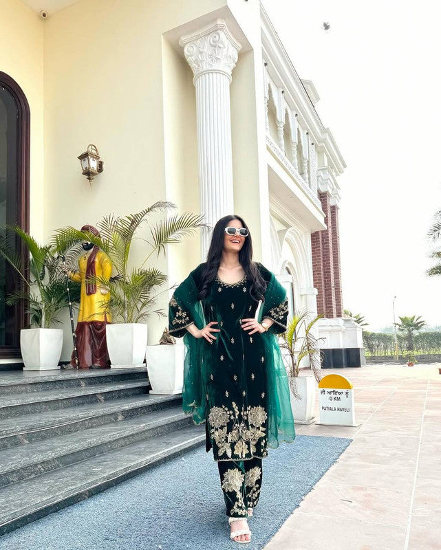 WOMEN GREEN Pure Heavy Viscous Velvet Embroidery SUIT SET
