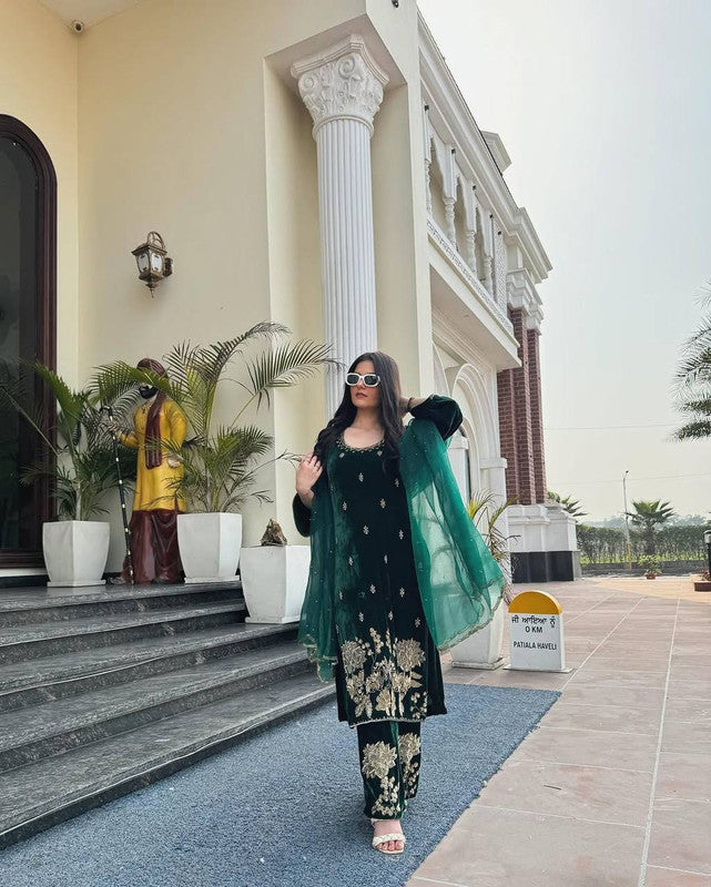 WOMEN GREEN Pure Heavy Viscous Velvet Embroidery SUIT SET