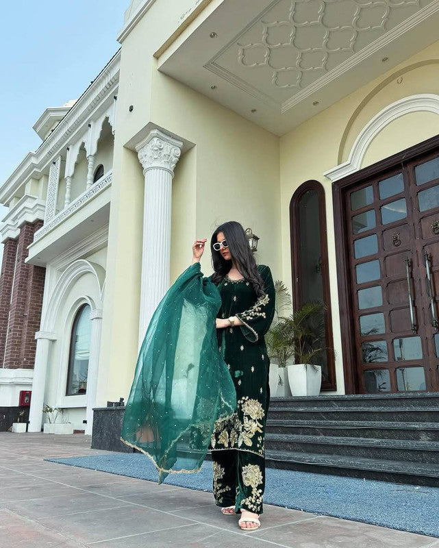 WOMEN GREEN Pure Heavy Viscous Velvet Embroidery SUIT SET