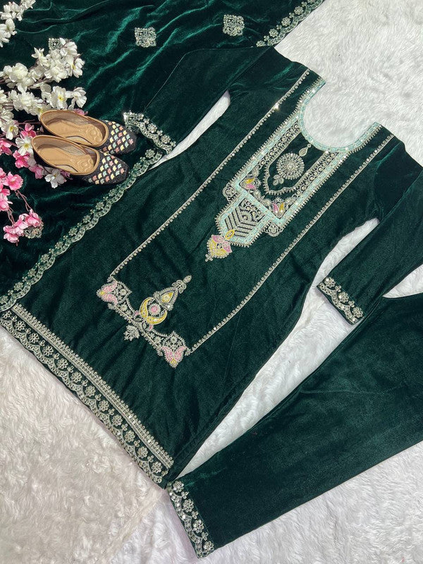 WOMEN GREEN Pure Heavy Viscous Velvet Embroidery SUIT SET