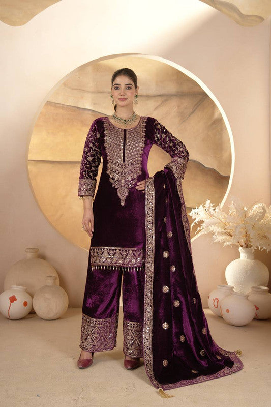 WOMEN WINE VISCOS VELVET Heavy Embroidery SUIT SET